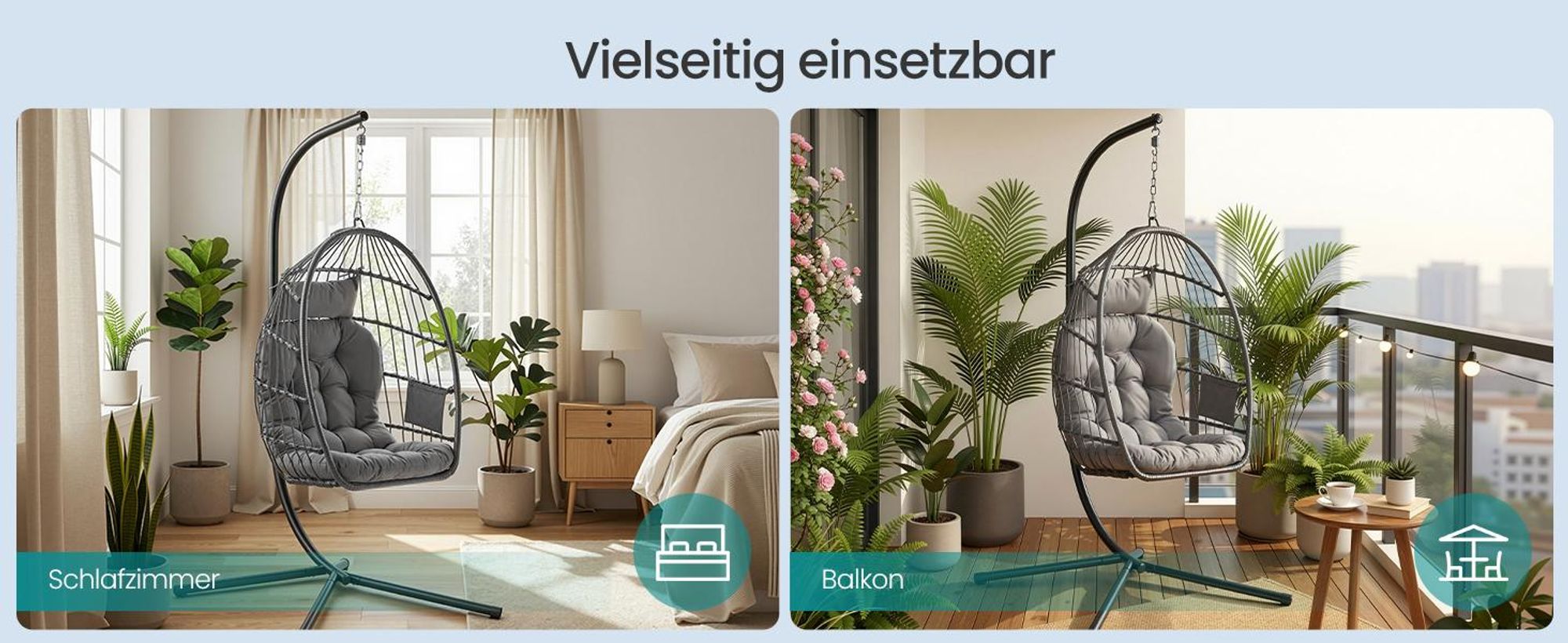 SONGMICS Schaukelstuhl mit Gestell, klappbarer Korbsessel höhenverstellbar, Hängeschaukel für Garten Balkon, Kissen, grau