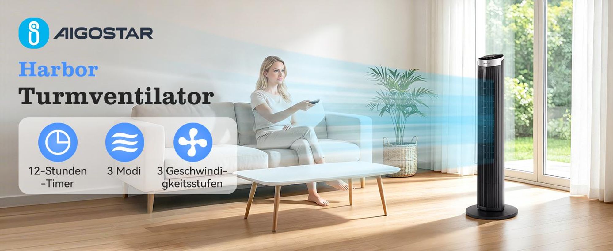 Aigostar - 45W Turmventilator mit Fernbedienung, 4 Modi, 3 Geschwindigkeiten, 12H Timer, 65 °Oszillation