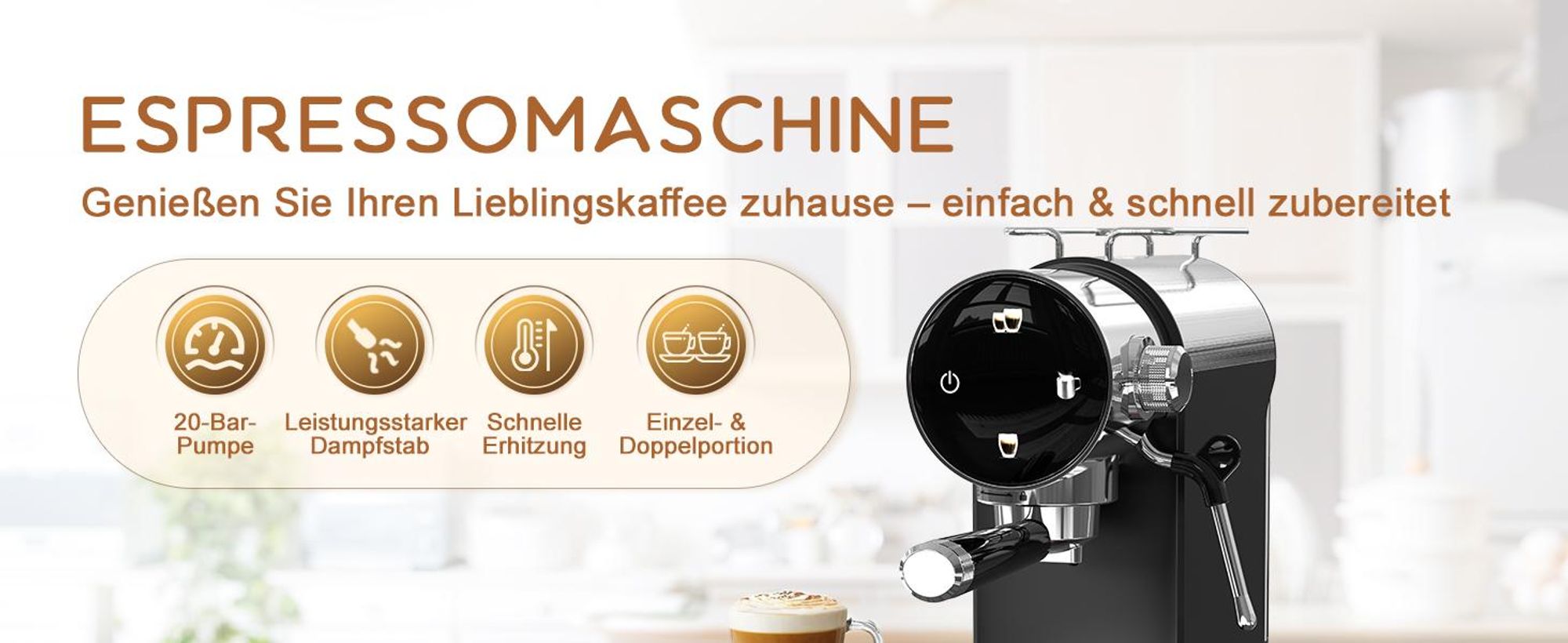 CHEFFANO Espresso Siebträgermaschine 20 Bar, Espressomaschine mit Milchsystem & Touchscreen, Edelstahl Kaffeemaschine für Cappuccino & Latte