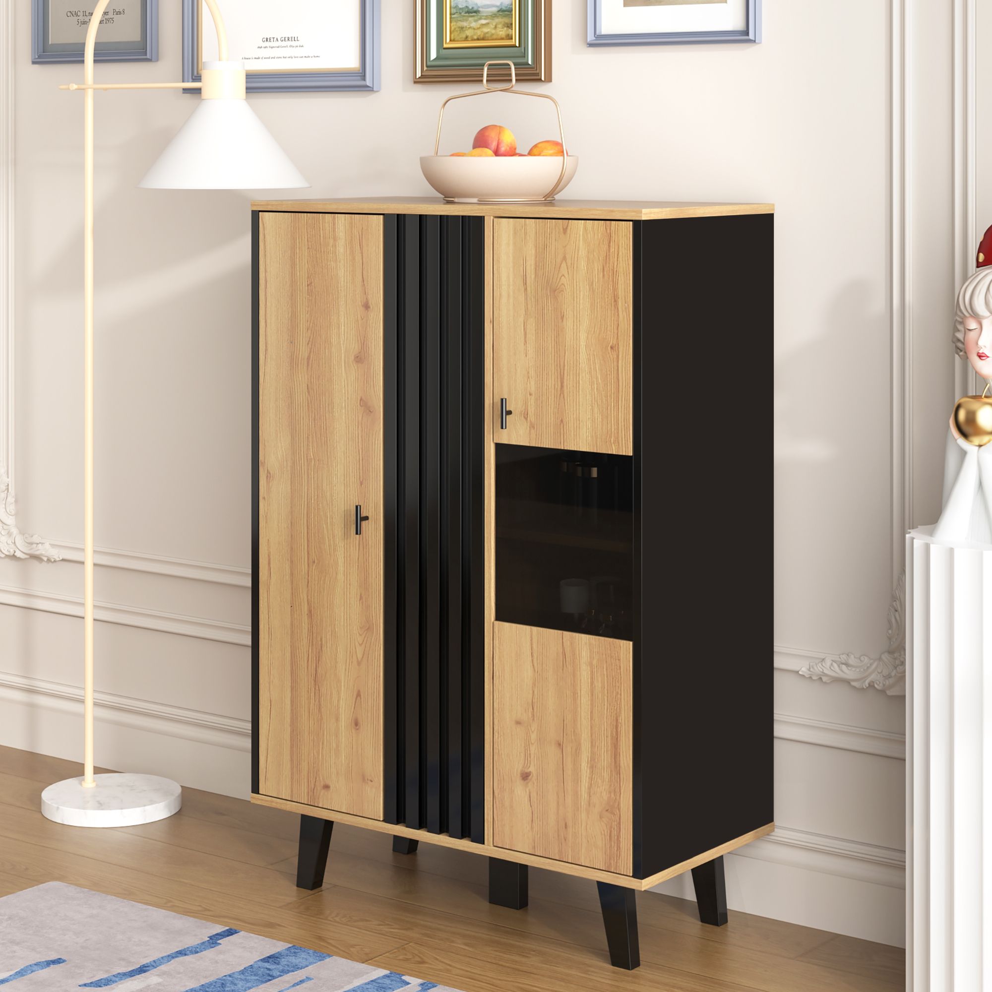 Merax Kommode Highboard mit 8 Fächer inkl. LED, Vitrine mit Glastür, Sideboard Landhausstil Hochkommode Wohnzimmerschränke, 80x120x40cm