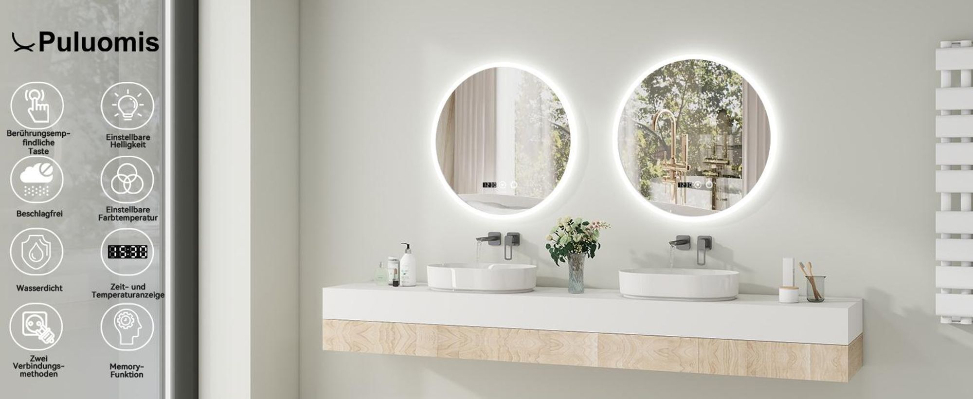 Puluomis Badspiegel beschlagfrei 70cm mit Uhr Temperatur, 3 Farbe dimmbare Helligkeit LED Beleuchtung,Badezimmerspiegel 6500k spritzwassergeschützt