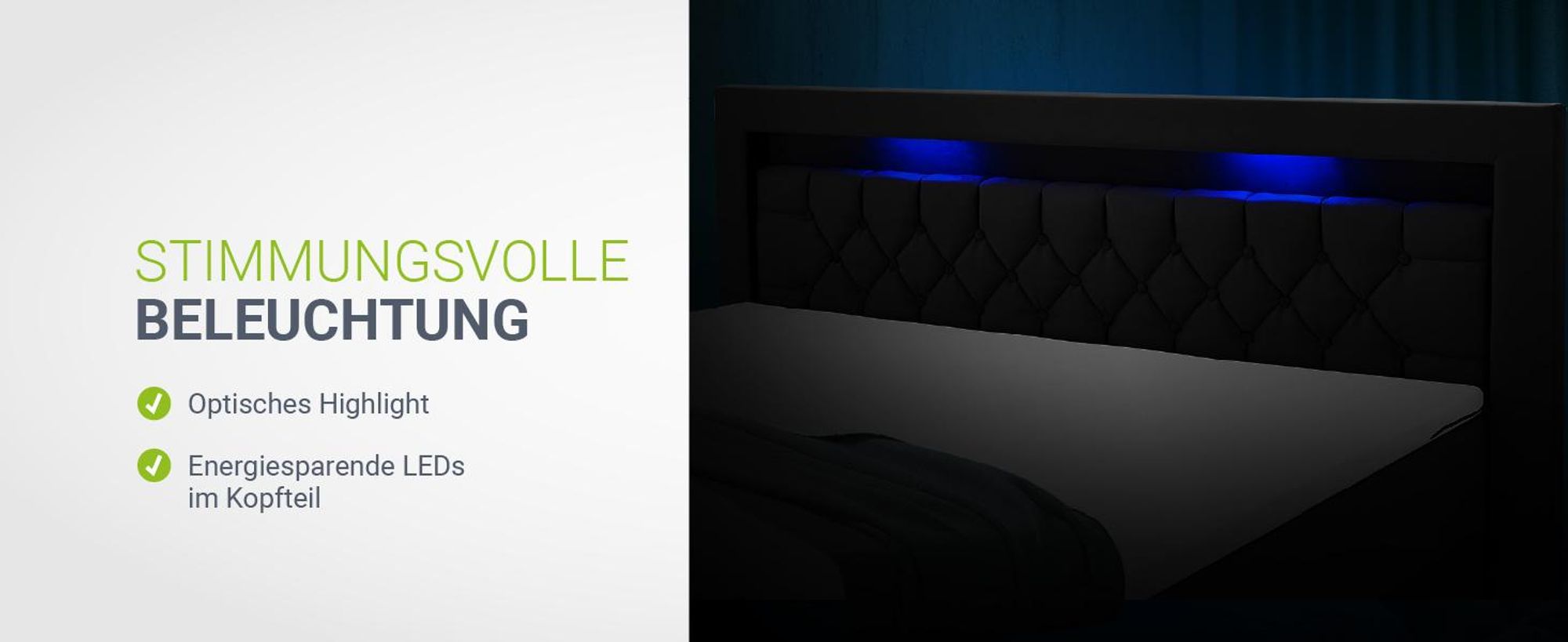 Juskys Boxspringbett Leona Samt 180x200 cm in Schwarz – mit LEDs, Topper & Federkern-Matratzen