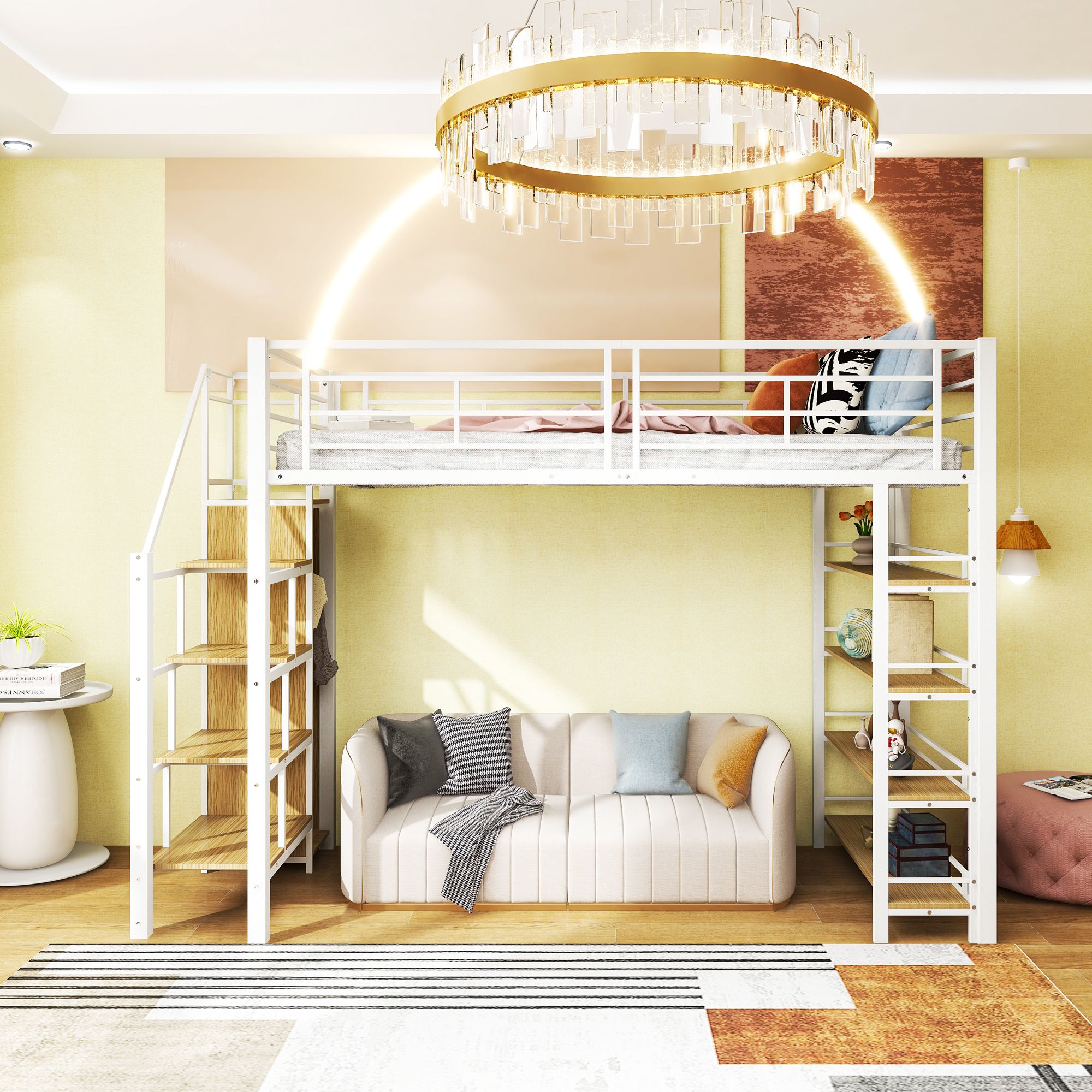 Bett mit Kleiderschrank, Regal und Treppe