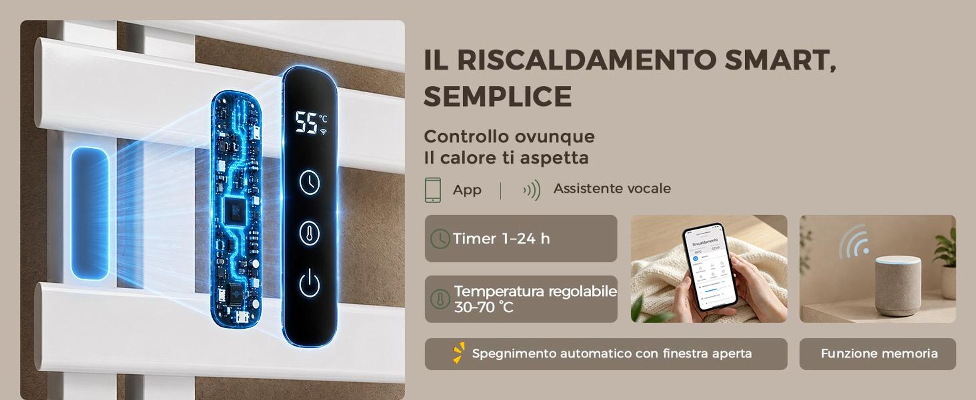 S'AFIELINA Scaldasalviette Elettrico con Ripiano 1050×500 mm 335 W Bianco,Termoarredo WiFi, Riscaldamento in Fibra di Carbonio, 6 Modalità