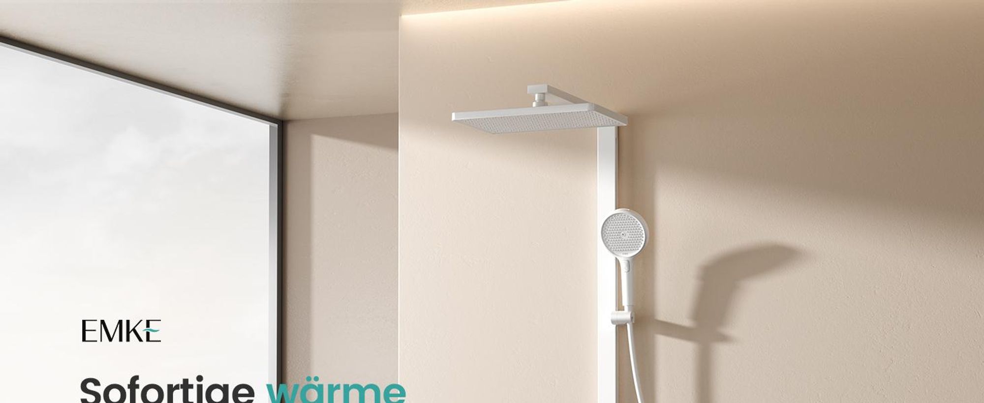 EMKE Duschsystem mit Thermostat, 36x24cm Regenduschkopf, Regendusche mit Glasablage, Handbrause mit 4 Strahlstärken, Bad- & Duscharmaturen, Weiß Matt