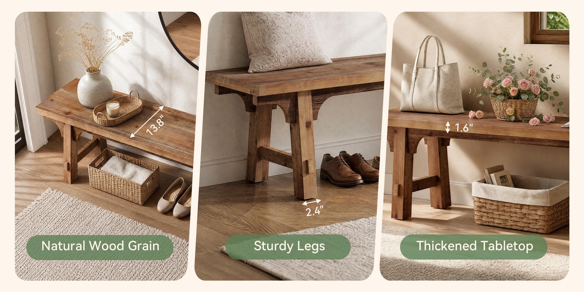 Schuhbank 160 cm lange Eingangsbank aus Massivholz, lange Schuhbank für drinnen, Bank am Fußende des Bettes, Essbank für Flur, Wohnzimmer, Garderobe,