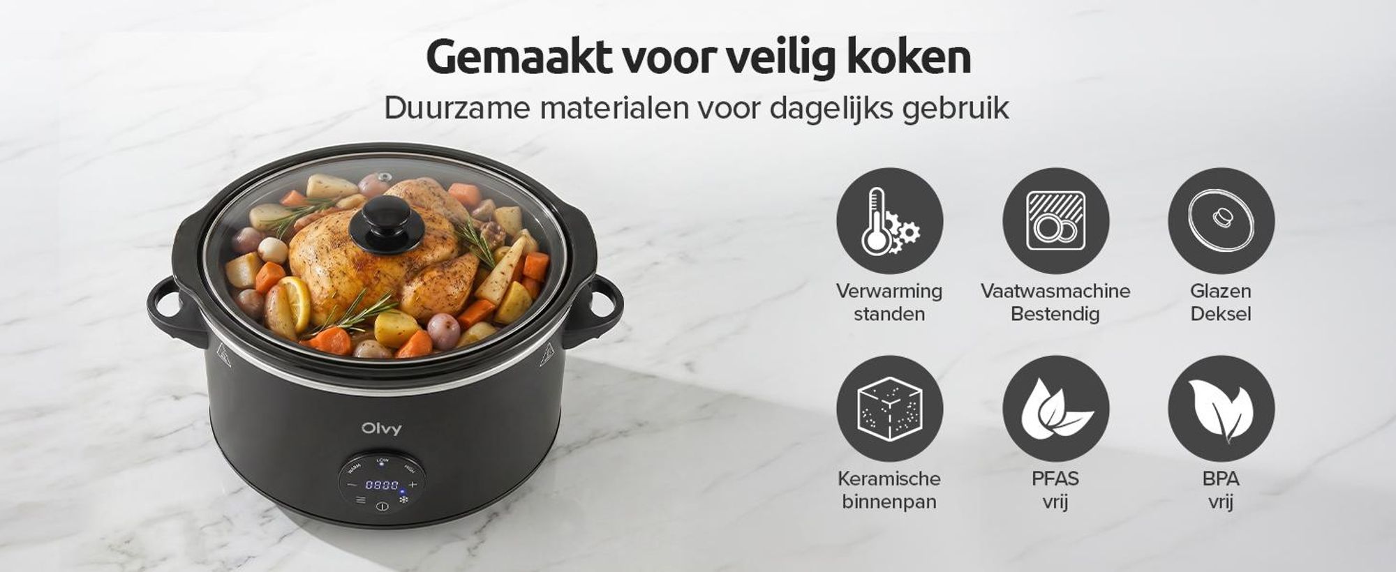 Olvy digitale slowcooker met timer – 6 liter slowcooker – pan van keramiek – inclusief kookboek
