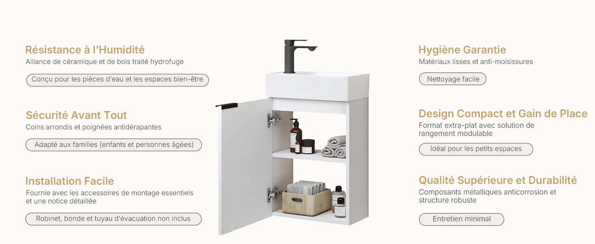 EMKE Ensemble de lavabos Meuble sous-lavabo avec vasque en céramique 417×240×646 mm suspendu, Soft-Close Blanc