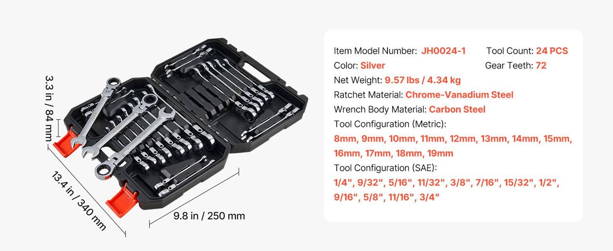 VEVOR Maulschlüsselset, 30-teiliges Ratschen-Schlüsselset mit Organizer-Rack, Cr-V Stahl-Schlüsselset SAE 1/4" bis 1", metrisch 8 mm bis 24 mm, ideal für den allgemeinen Haushalt, die Garage, die Werkstatt, Notfälle, 24 Stück-a, Polierte Oberfläche-a