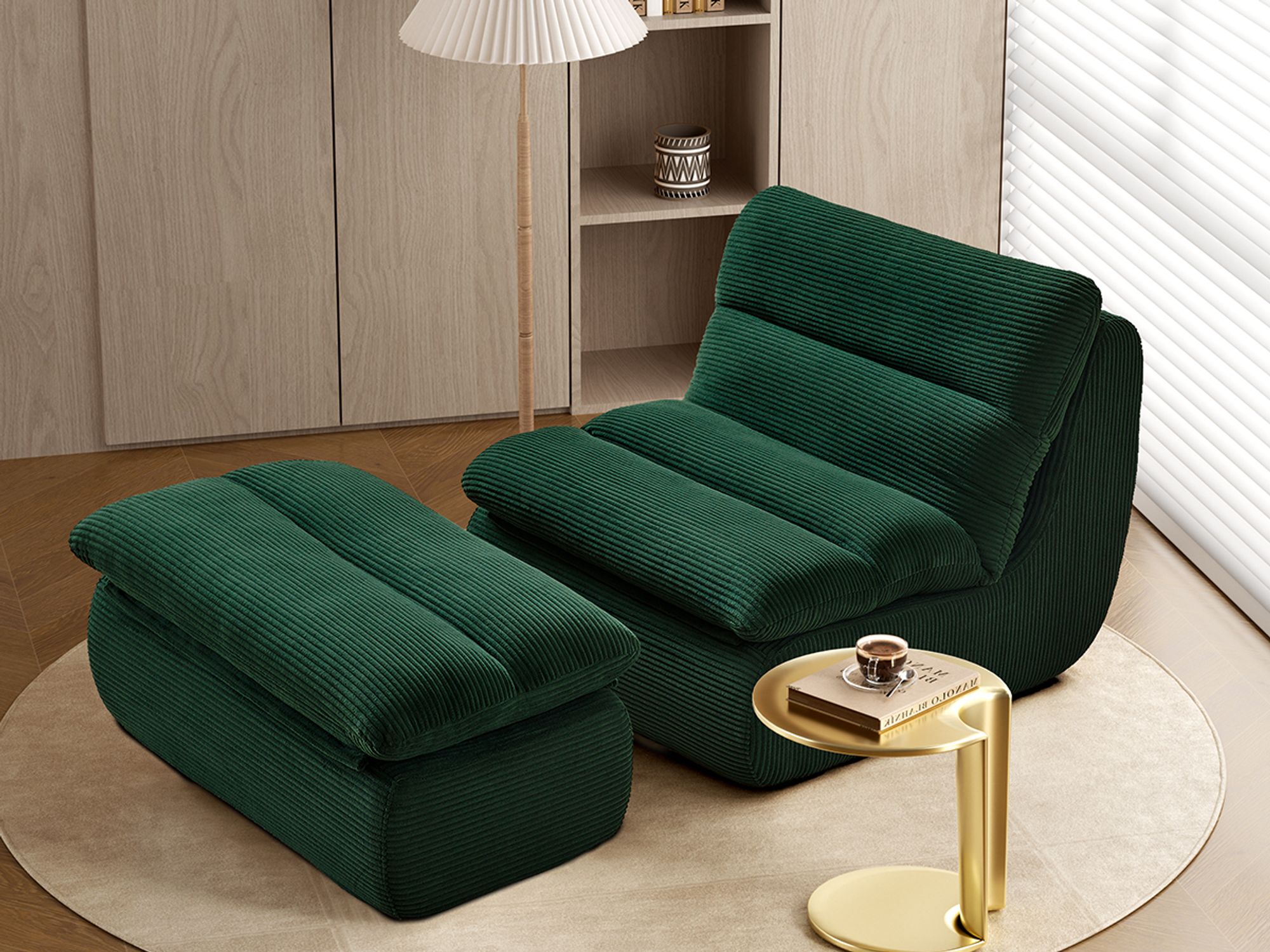MODFU Schlafsofas mit Fußstütze, Klassische Sessel Lazy Sofa mit Abnehmbare Rückenlehne und Sitzkissen, Indoor-Sitzkissen faltbarer Meditationsstuhl für Wohnzimmer- Cordstoff, Grün