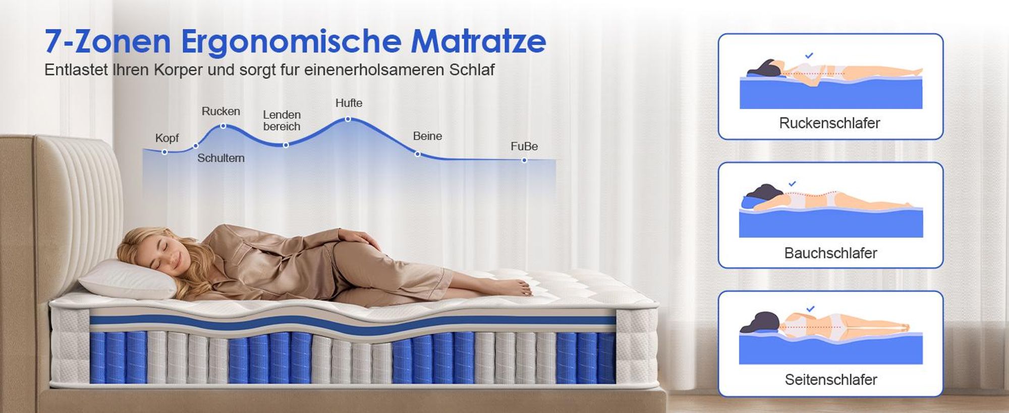 Hiazurm Matratze 140x200 cm, 7-Zonen Federkernmatratze mit Spannbettlaken, Höhe 22cm, H3, Taschenfederkernmatratze, Premium Taschenfederkern