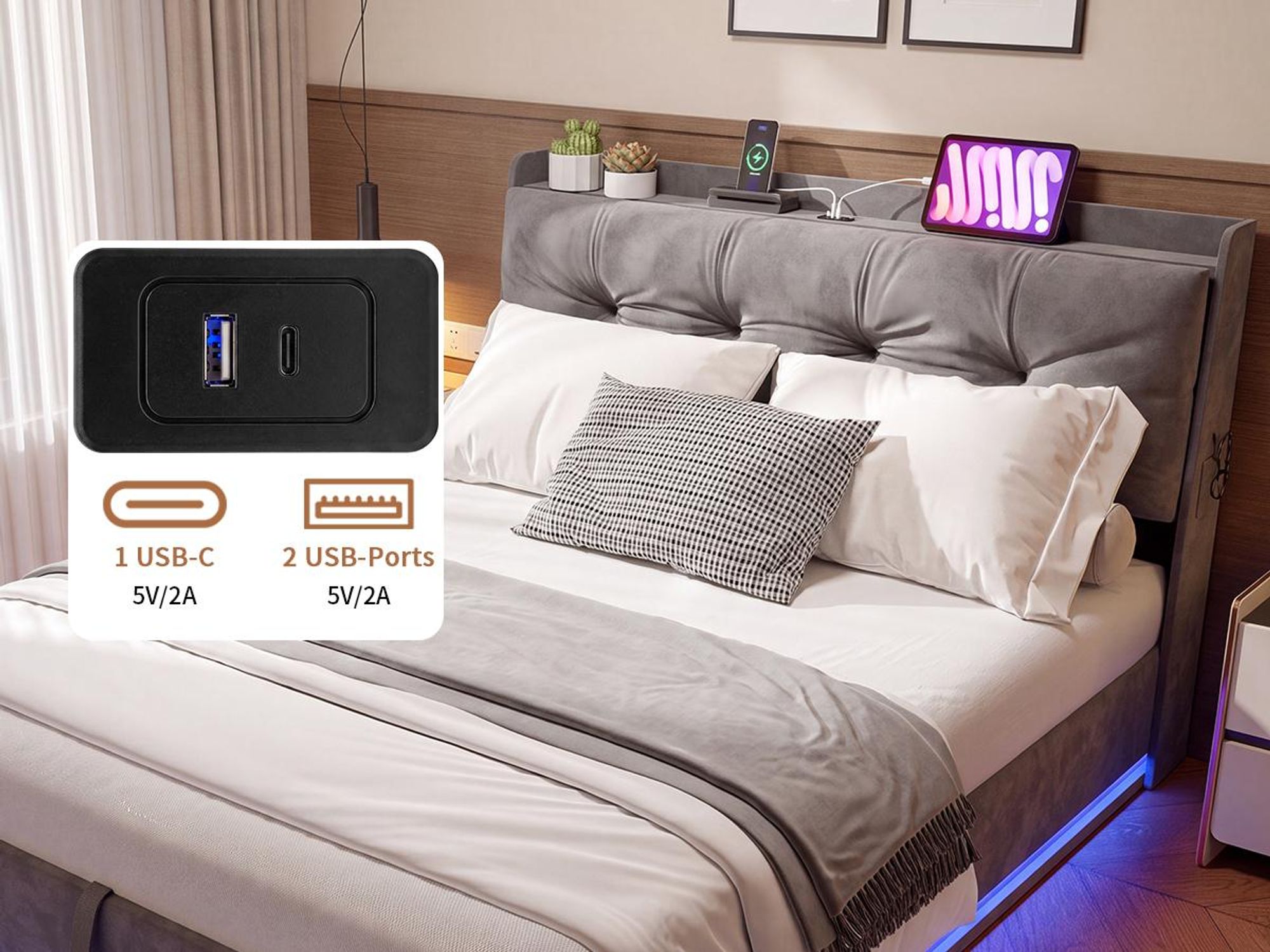 INONEFT Boxspringbett Polsterbett 160x200 mit LED und USB,Hydraulisches Stauraumbett mit Kopfteil und Lattenrost,Doppelbett Jugendbett,Samt,Grau