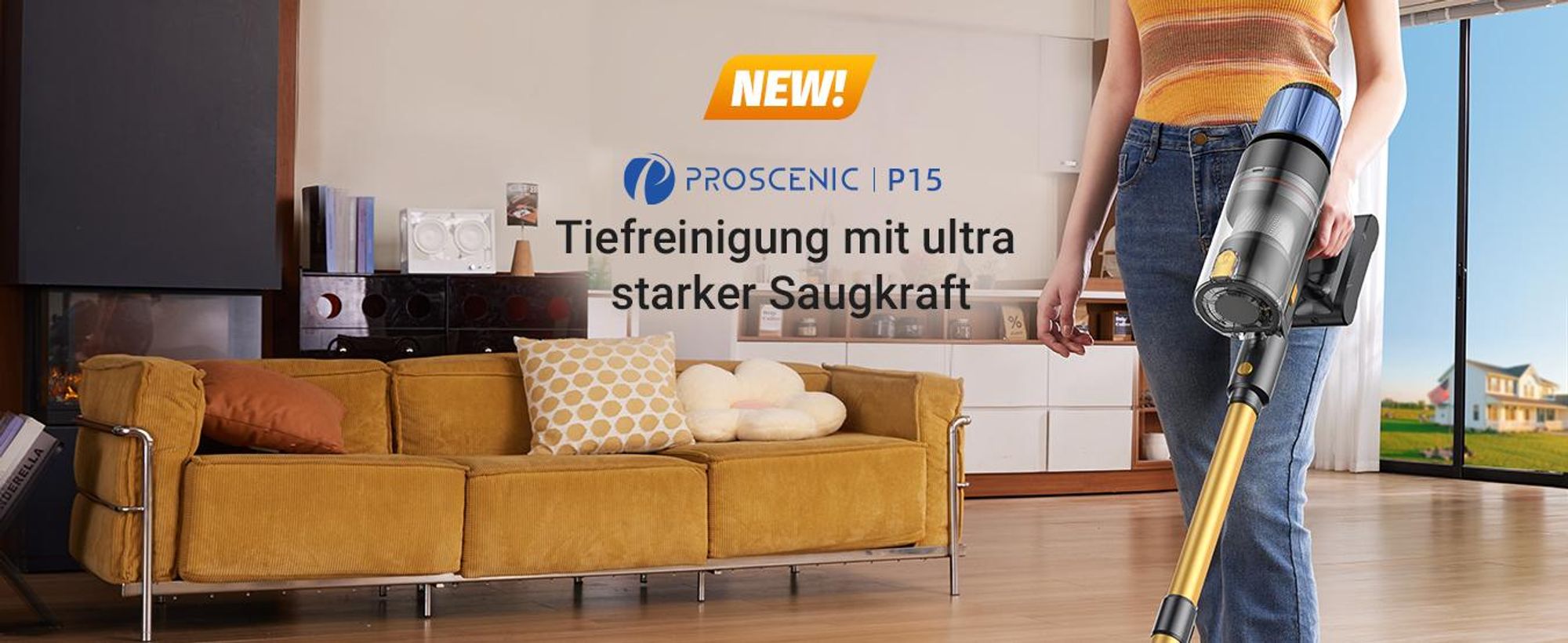 PROSCENIC Handstaubsauger, leistungsstarker Staubsauger mit 60 kPa, 580W, 70 Min, Grüne LED-Scheinwerfer, 1,5L Staubbehälter, Leichtes Rauschen