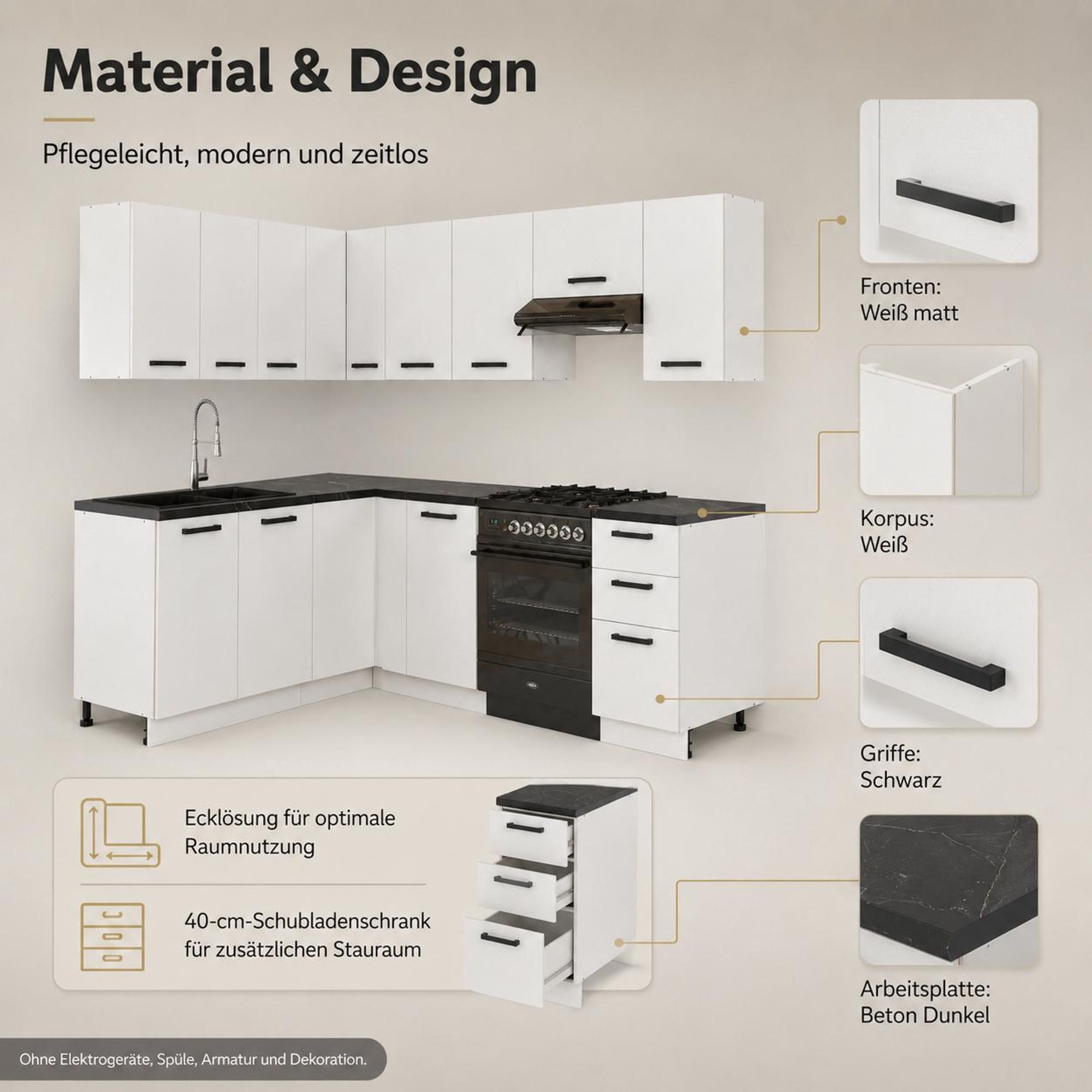 Materialdetails: matte weiße Fronten, weißer Korpus und Arbeitsplatte Beton Dunkel.