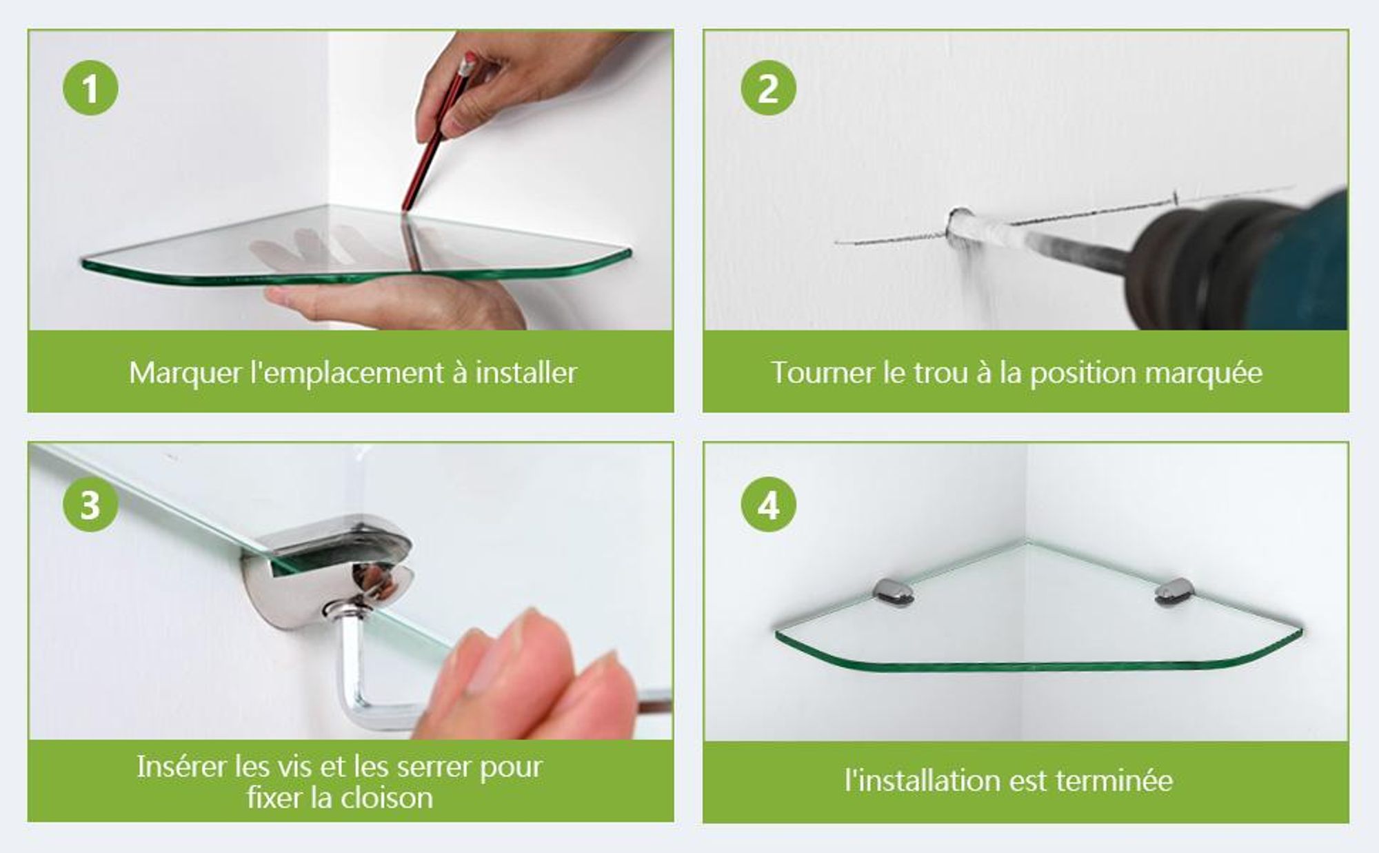 S'AFIELINA étagère en verre étagère de douche verre d'angle 6mm verre trempé étagère de douche verre pour salle de bain étagère de douche 230 x 230 mm,1 pièce