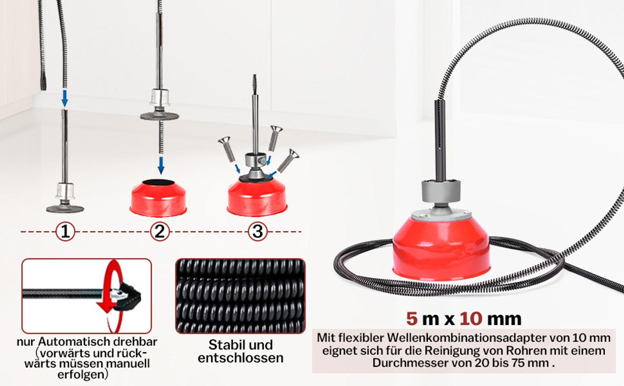 400W 450U/min Elektrische Rohrreinigungsmaschine mit FI-Schalter für Ø30-100mm Rohrleitungen Rohrreiniger Abflussreiniger, Sspirale Ø10mm Ø16mm