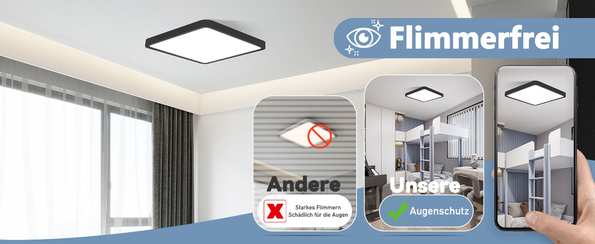 ZMH Deckenlampe LED Deckenleuchte Flach 23CM Badezimmerlampe Schwarz 18W Flurlampe Deckenbeleuchtung Schlafzimmer 6500K Küchenlampe Eckig Badlampe