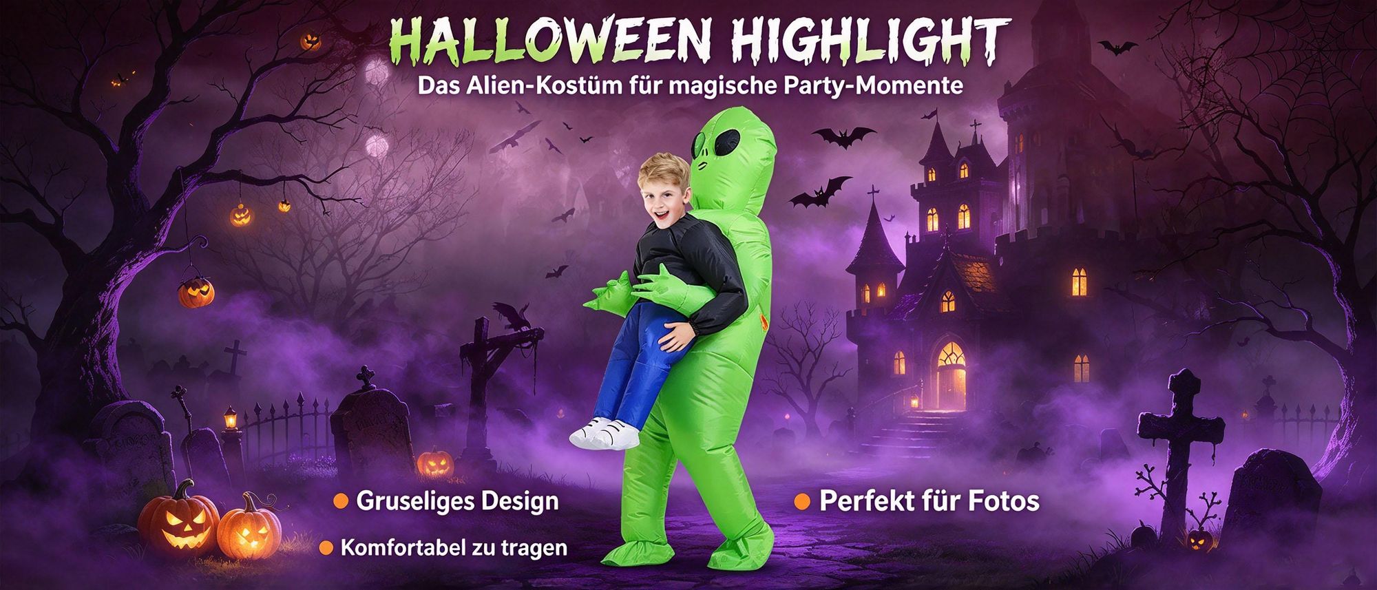 Juksun Alien Kostüm 120-150cm für Kinder PVC und Polyester grün blau aufblasbar mit Pumpe für Halloween Karneval Party