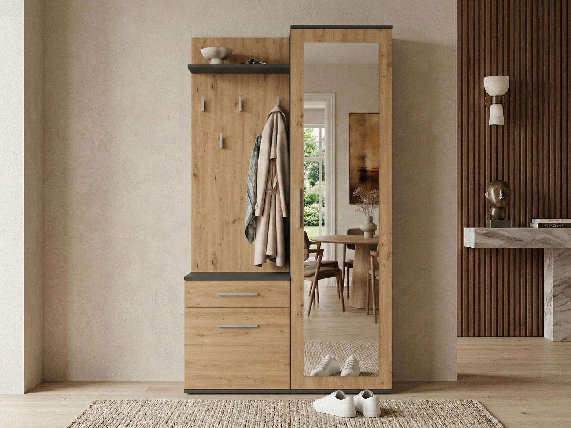 BEAUTYSOFA | Vestiaire compact FIORA - Ensemble vestiaire modulaire Vestiaire d'entrée avec miroir, meuble à chaussures, anthracite + chêne Artisan