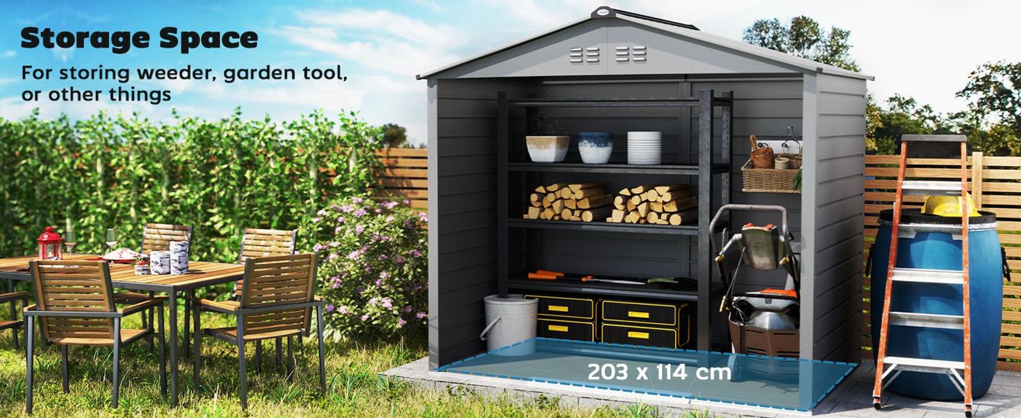 Domek ogrodowy Outsunny ze stali ocynkowanej, 2,43 m², 213 x 131 x 192 cm, łatwy w montażu, z dachem dwuspadowym, zamykanymi drzwiami przesuwnymi, odporny na warunki atmosferyczne, do użytku na zewnątrz, szary