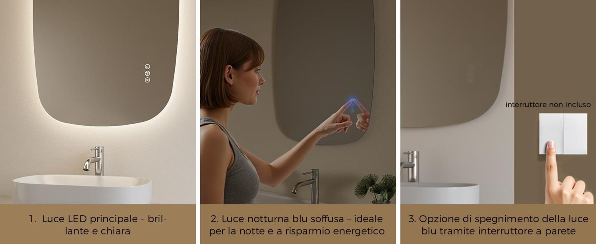S'AFIELINA Specchio da bagno 80×50 cm con illuminazione Specchio ovale a LED con interruttore a sfioramento, dimmerabile a 3 colori di luce regolabili, antiappannamento, funzione memoria