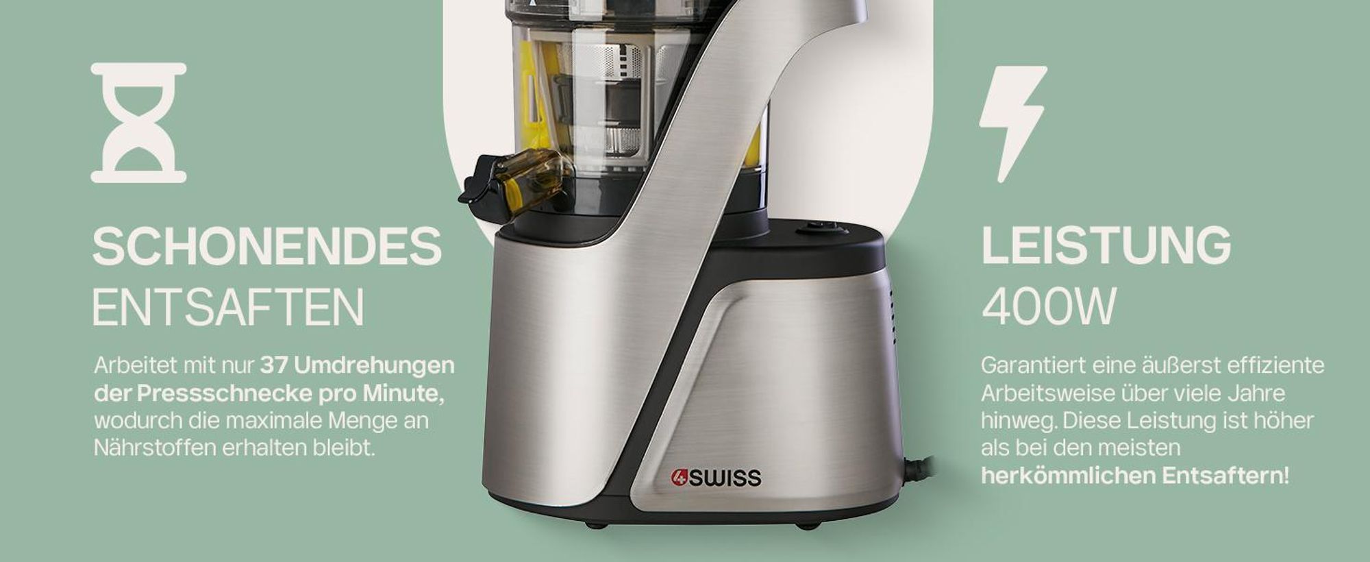 4Swiss Swan BM 105 Slow Juicer Entsafter - Kaltentsafter Saftpresse Elektrisch 400W für Obst & Gemüse XXL Einfüllschacht BPA-Frei
