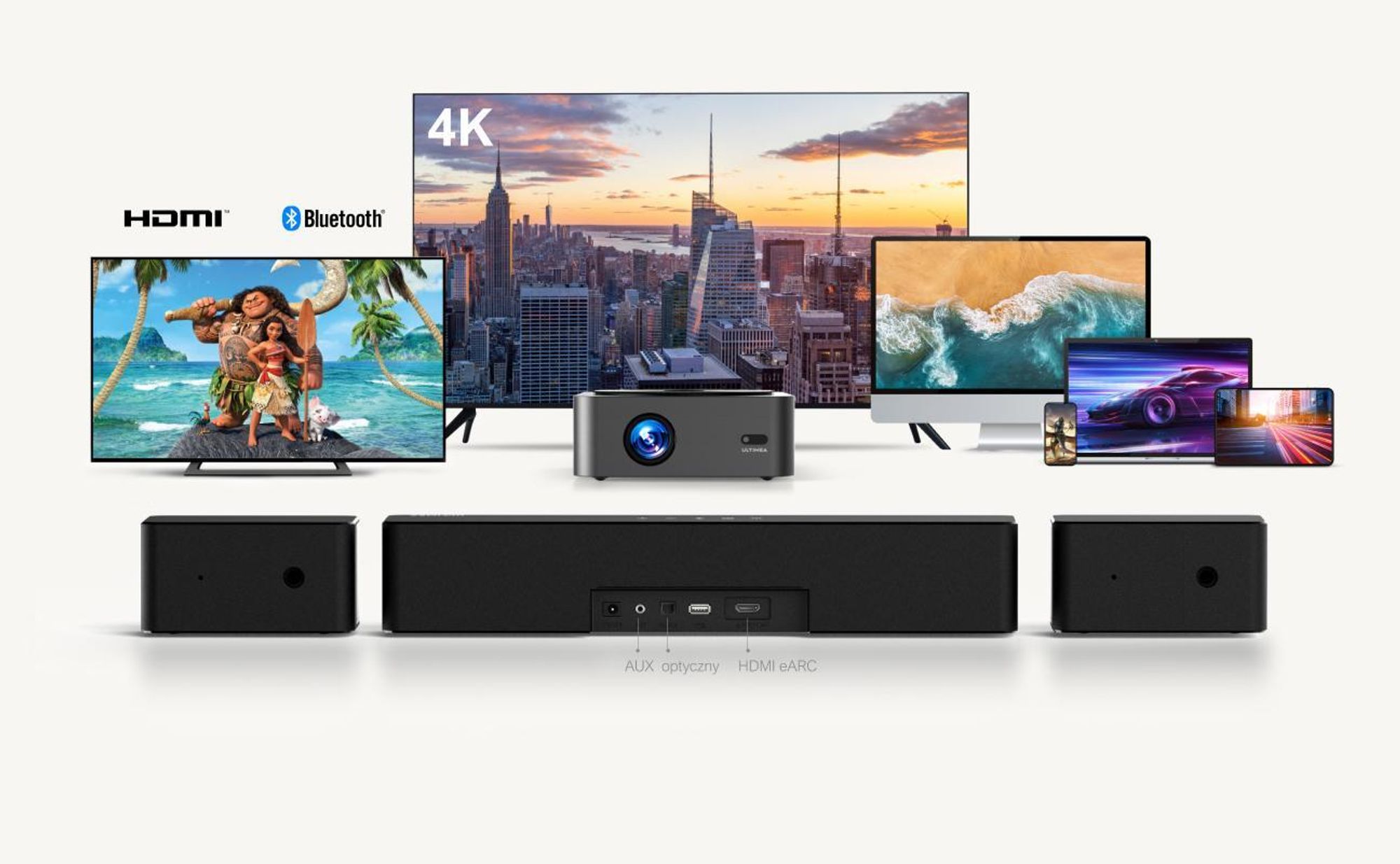 Soundbar ULTIMEA Poseidon D60 5.1 Dolby Atmos (410 W, regulowany dźwięk przestrzenny i basy, HDMI eARC)