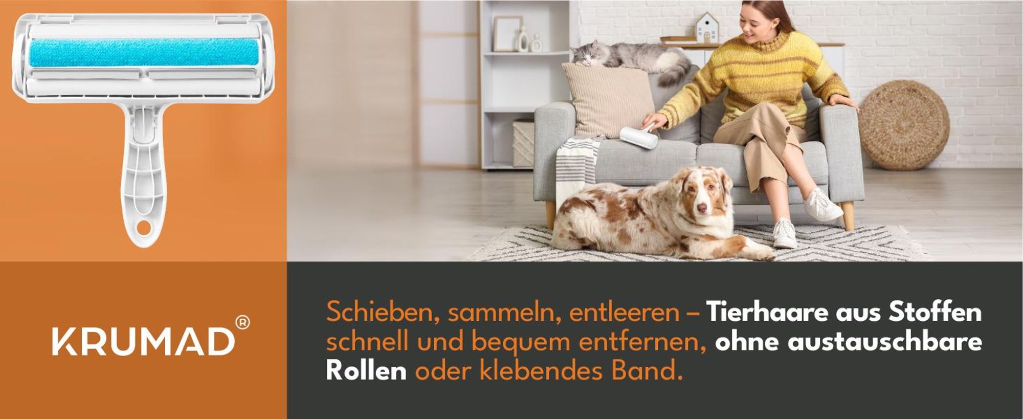 KRUMAD Tierhaarentferner Wiederverwendbar, Fusselrolle Tierhaare für Kleidung Sofa Auto, Wunderbürste Fusselbürste Katzenhaare