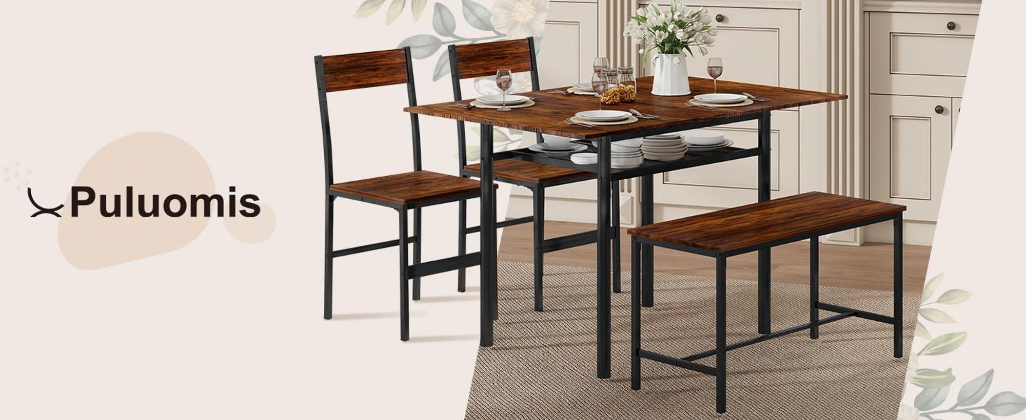 Puluomis Klappbarer Esstisch mit 2 Stühlen und Bank 120x75 cm, Essgruppe 4-tlg Klapptisch mit Aufbewahrung, Industriedesign für Esszimmer Holz Schwarz