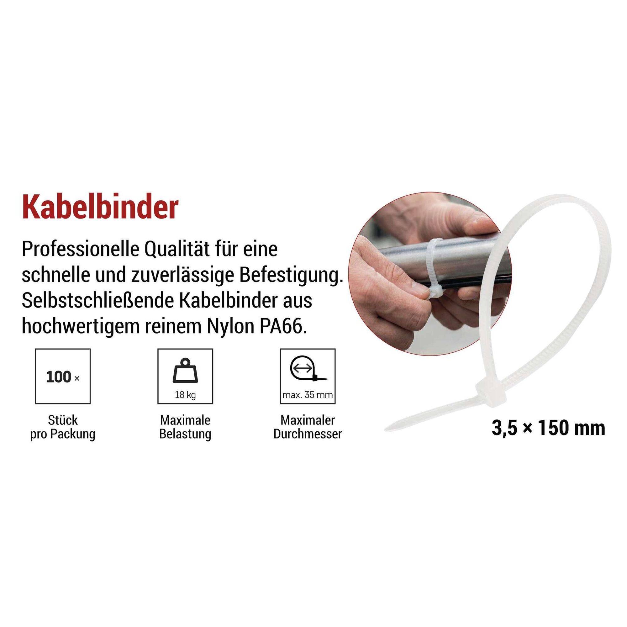 EMOS 100 Stück Kabelbinder aus Nylon PA66 für Innen, 150 x 3,5 mm, für max. Ø 3,5 cm Kabelbündel, Kabelmanagement selbsthemmend, weiß, A2844