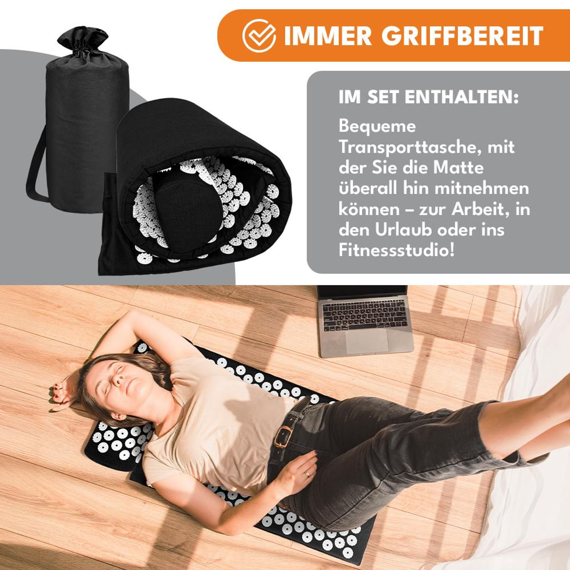 KRUMAD Akupressurmatte Set mit Kissen, 60 x 40 cm, inkl. Tasche, für Rücken, Nacken und Entspannung, Stachelmatte, Fakirmatte für Wellness Zuhause