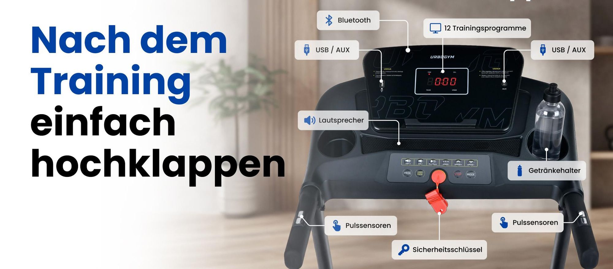 URBOGYM V480 elektrisches Laufband für Zuhause, 12 km/h, 120 kg, 40 × 120 cm Lauffläche, 12 Programme, Bluetooth, klappbar