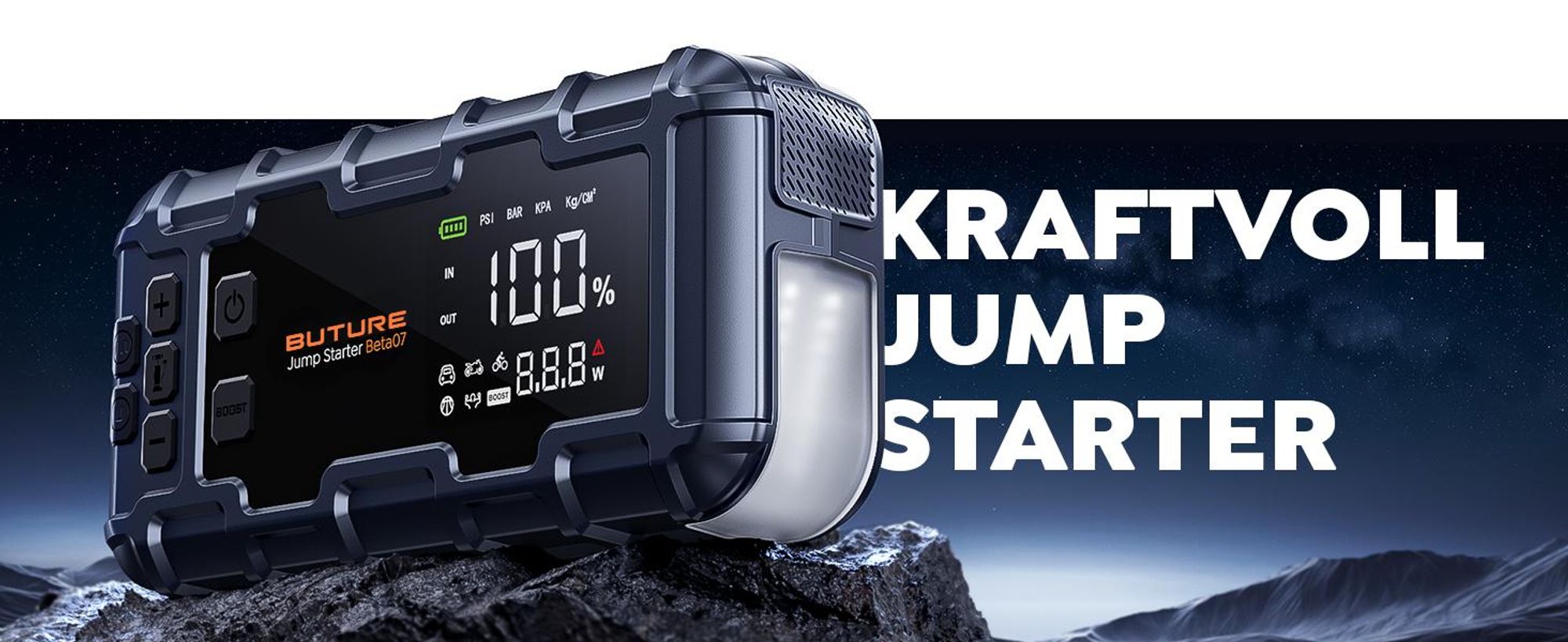 BUTURE Starthilfe powerbank für pk, 6000A Spitzenstrom, 26800mAh, 12V, 160 PSI Kompressor, Zwangsstart-Funktion, (Alle Benzinmotoren oder 12 L Diesel)