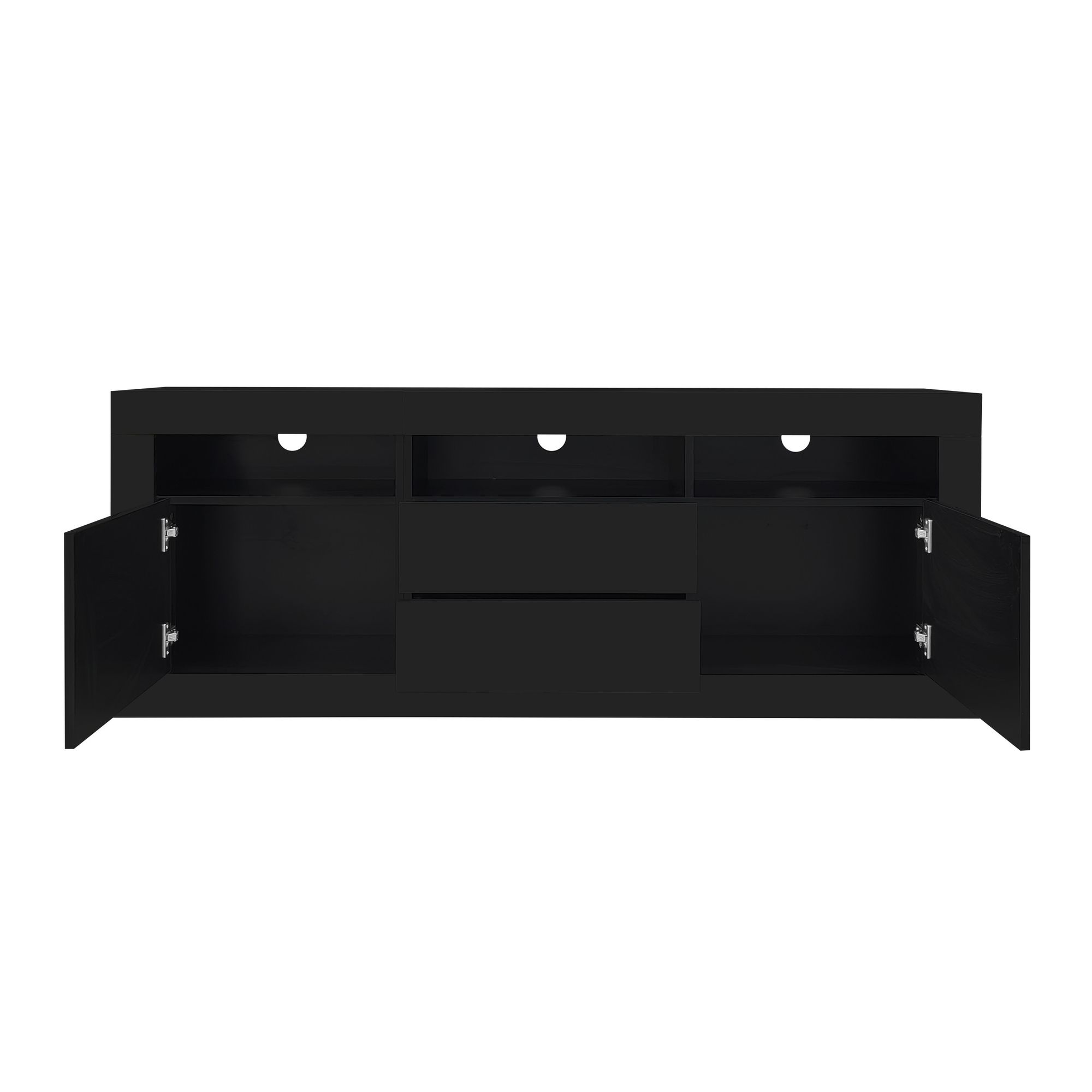 Merax TV-Schrank mit Hochglanzfronten und LED-Beleuchtung,TV-Lowboard mit 3 offenen Fächern und 2 Schubladen, Smart App Steuerung, 160cm Breit Schwarz