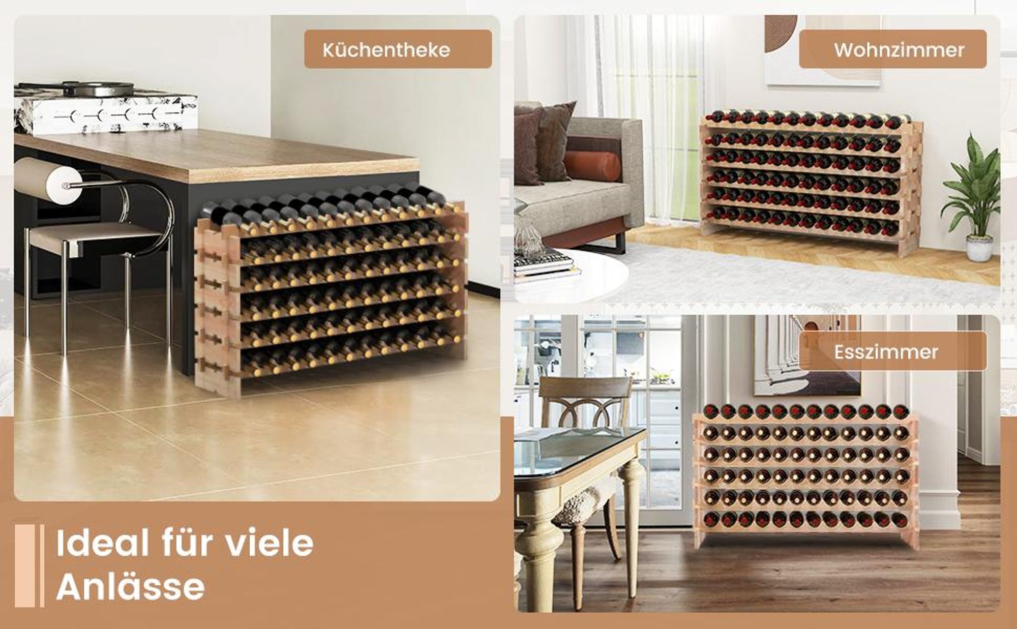 GOPLUS Weinregal stapelbar, Flaschenregal mit 6 Ebenen für 60 Flaschen, Flaschenhalter aus Kiefernholz, Natur (für 60 Flaschen)