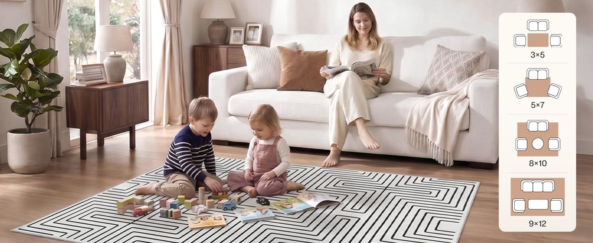 Tribesigns Waschbarer Teppich Wohnzimmer, 200×300 cm Weicher Schwarz-Weiß Abstrakter Schlafzimmerteppich,Geometrischer Flachflorteppich EsszimmerBüro