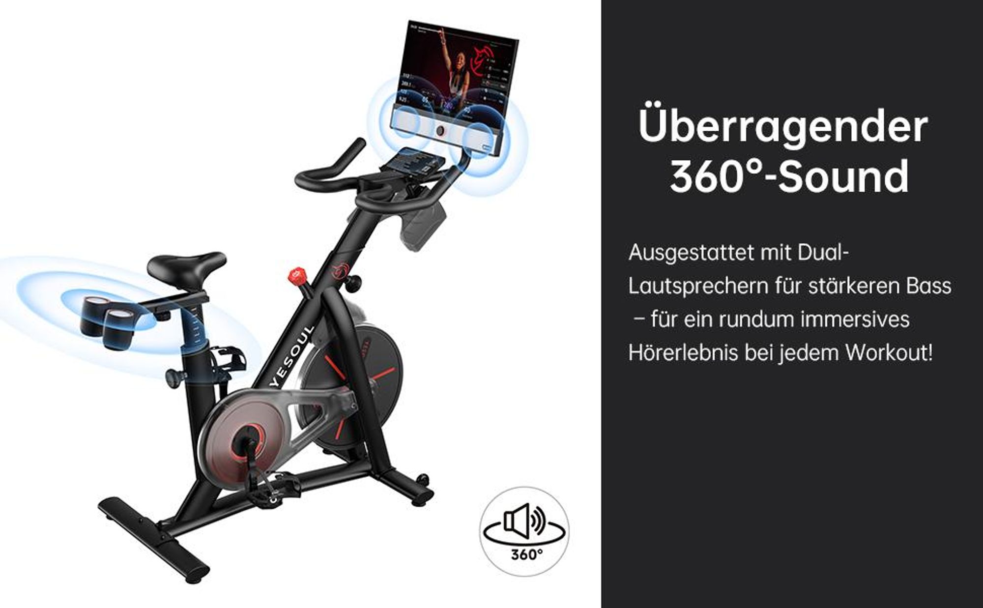 YESOUL G1M Max fitness bicykel, 21,5" FHD displej, 4× 30 W reproduktory, 360° zvuk, magnetický odpor, tichý chod a neobmedzené streamovanie