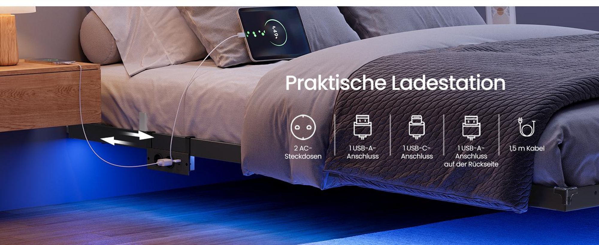 VASAGLE Bettgestell 90 x 200 cm mit LED-Beleuchtung, USB-C-Anschluss, Steckdosenleiste, Schlafzimmer, trägt bis 250 kg, schwarz