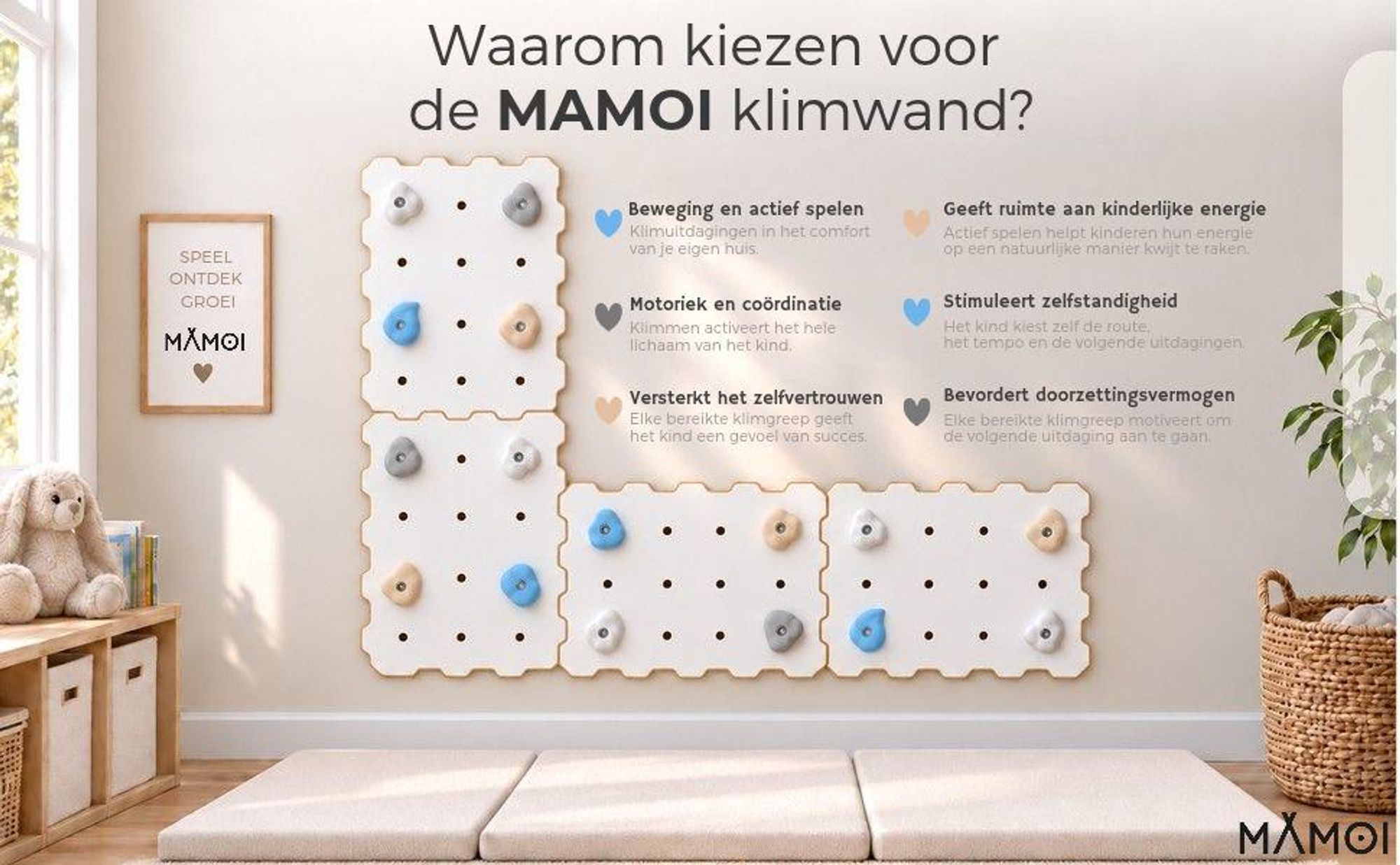 MAMOI® Houten klimmuur voor binnenshuis met 16 klimgrepen | Klimset met panelen en grepen | Meerdere lagen hout | 100% milieuvriendelijk