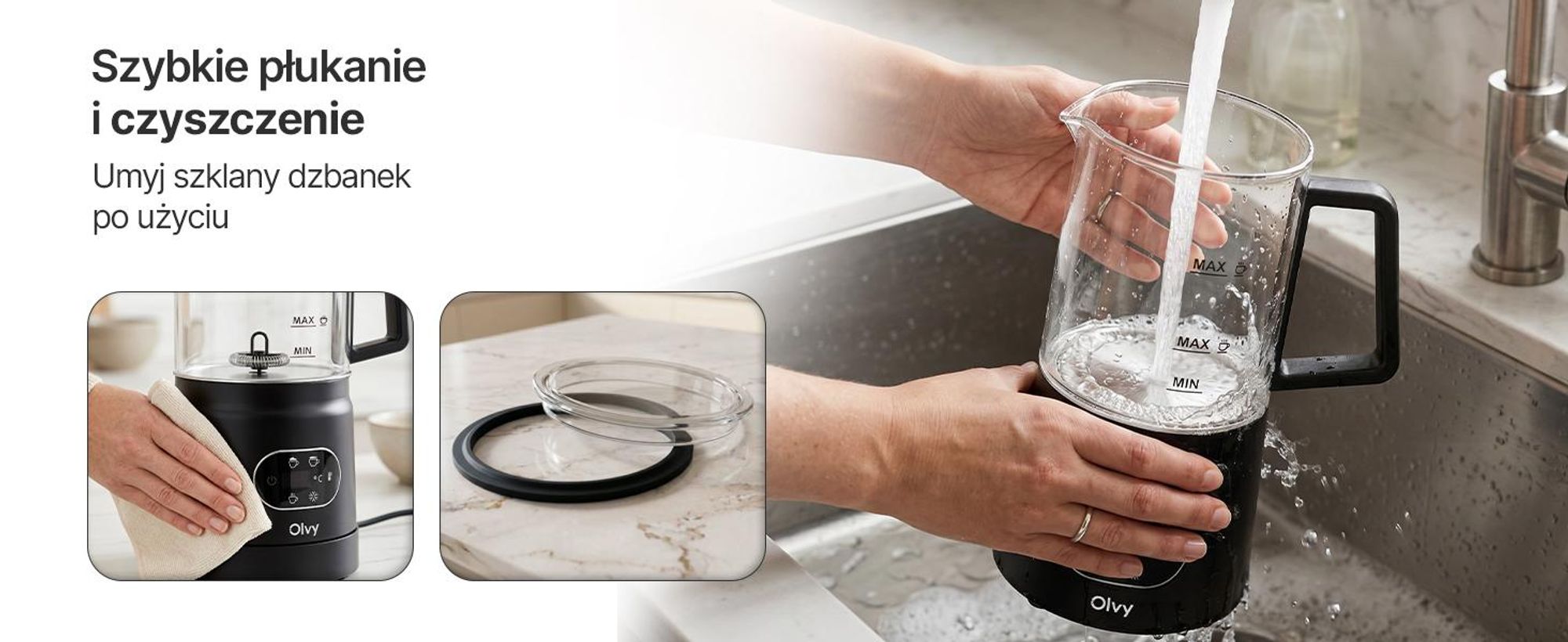 Olvy Electric Milk Frother ze Szkła 4 w 1, 500 W, Wyświetlacz Temperatury, Spienia 160 ml, Podgrzewa 400 ml, Ciepła i Zimna Pianka, Czarny
