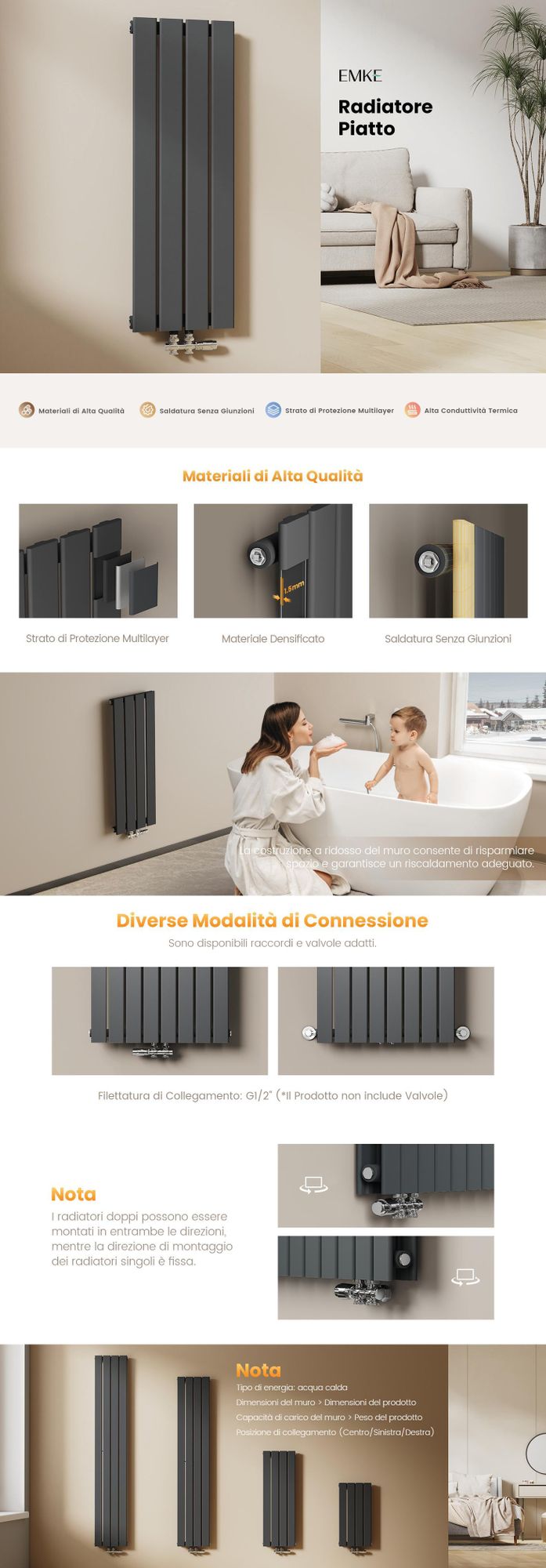 Radiatore EMKE piatto dal design compatto Radiatore a pannello verticale a strato singolo Attacco centrale 60x30 cm 210 W antracite Salvaspazio senza resistenza elettrica