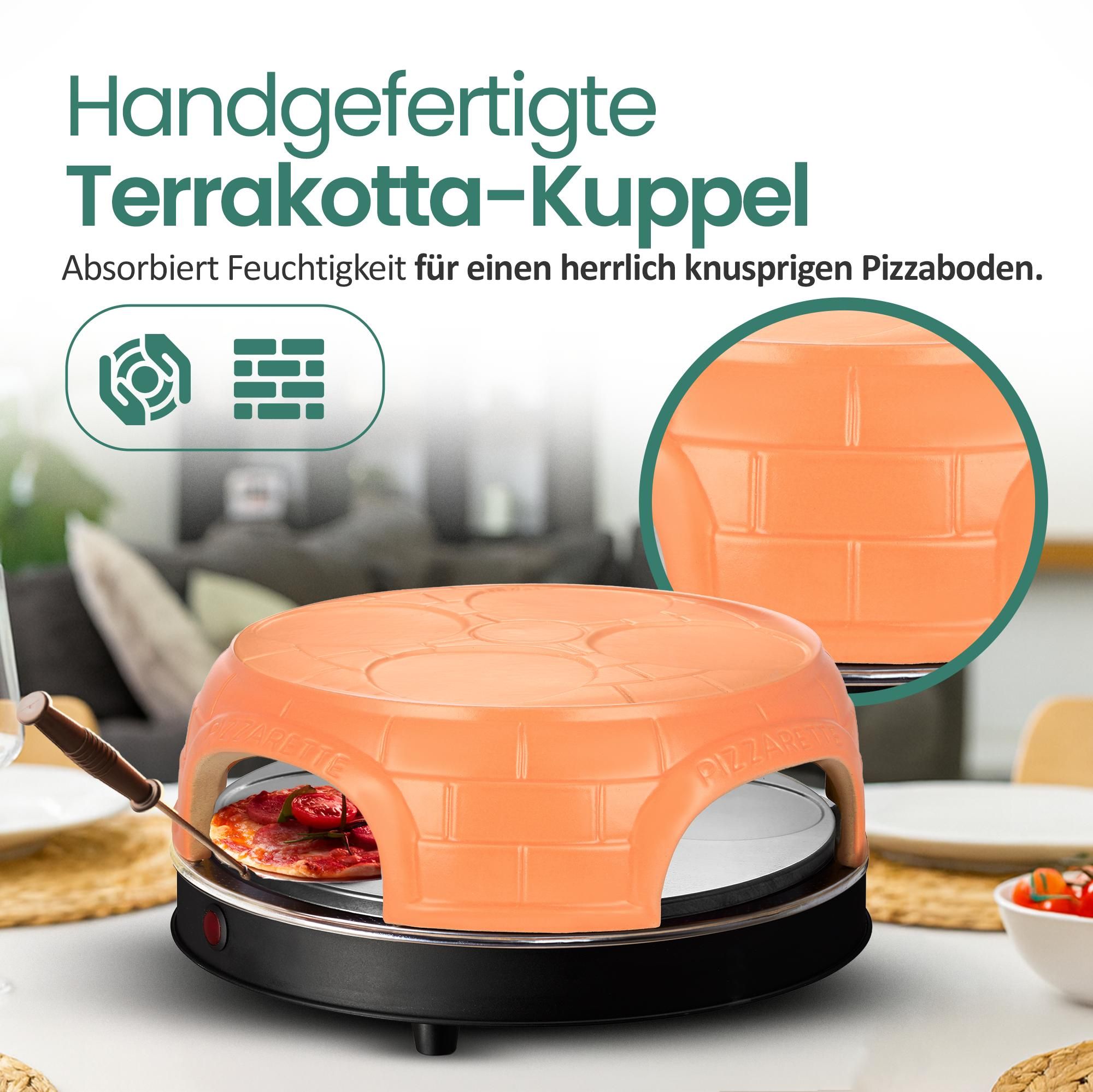 Emerio Pizzarette Original – Pizzaofen für 4 Personen – Pre-Bake-Funktion – handgefertigte Terrakotta-Kuppel – PO-115847.1 – 1000 W