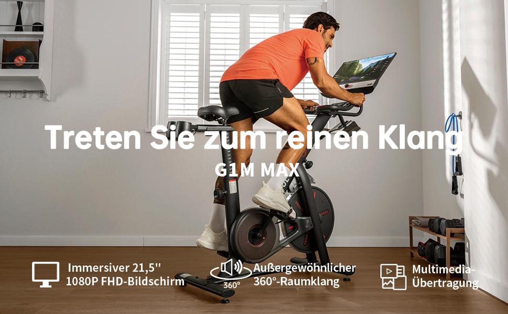 YESOUL G1M Max fitness bicykel, 21,5" FHD displej, 4× 30 W reproduktory, 360° zvuk, magnetický odpor, tichý chod a neobmedzené streamovanie