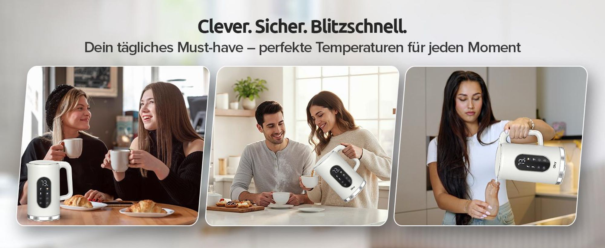 Olvy Wasserkocher Creme, Temperatureinstellung 1,7L – LCD-Display, 2200W, BPA-frei, Warmhaltefunktion, Kalkfilter, Temperaturwahl 40–100°, Edelstahl