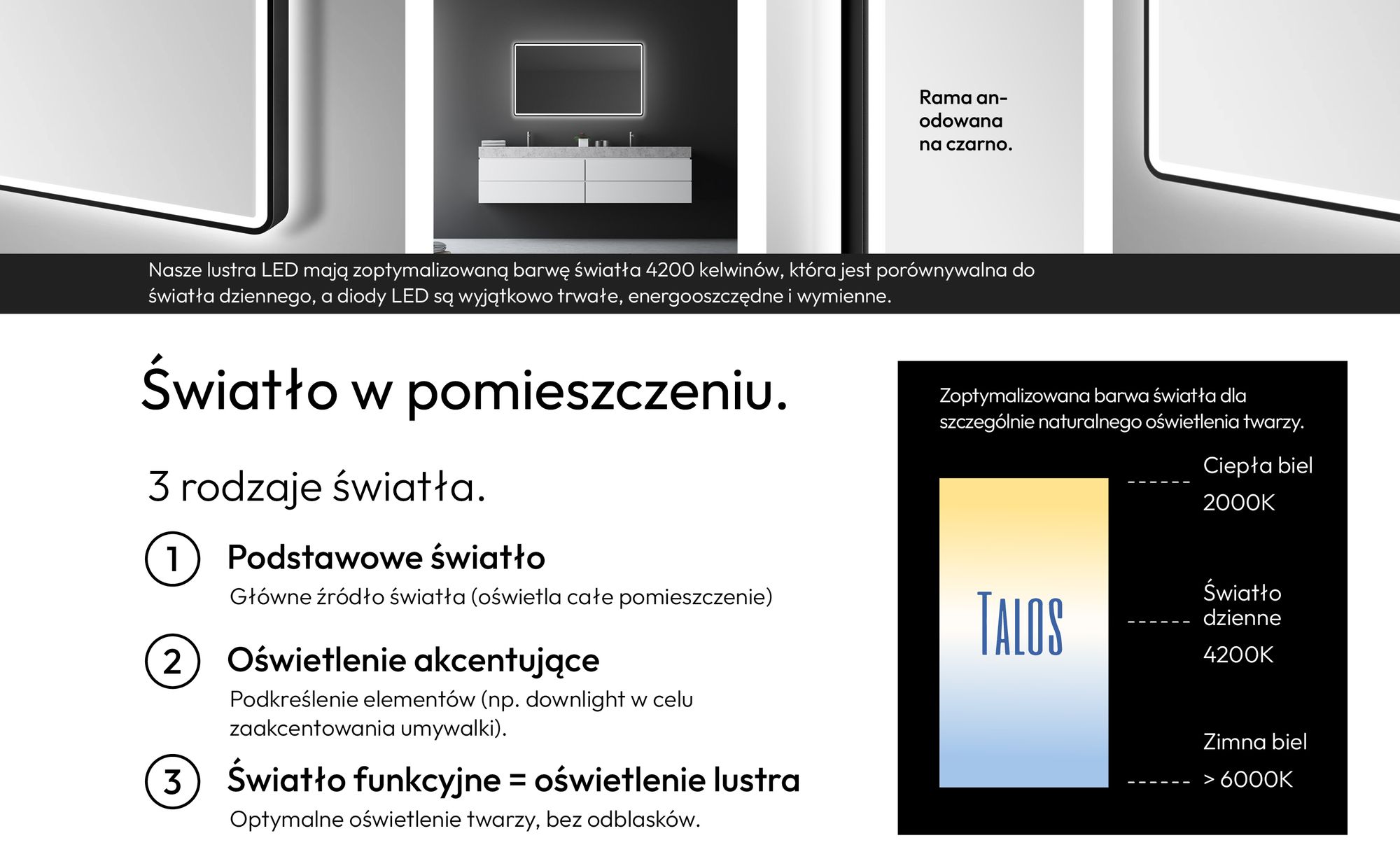 Lustro łazienkowe LED TALOS black Moon 120x70 cm - lustro łazienkowe z oświetleniem - nadaje się do wilgotnej wody dzięki aluminiowej ramie - kolor światła neutralny biały
