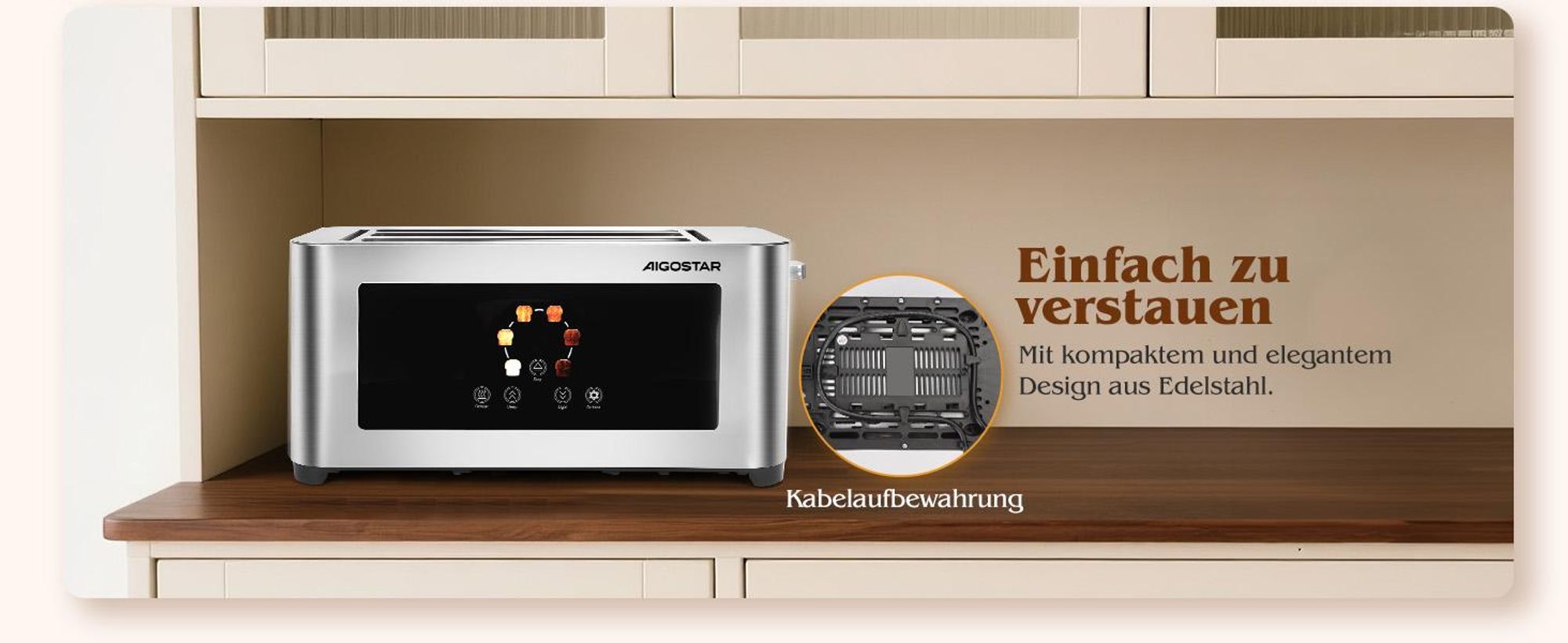 Aigostar Toaster 2/4 Scheiben, 6 Bräunungsstufen, LED-Touchscreen, Toaster Langschlitz , 2 lange Schlitze, 1400 W Brotzentrierung, Edelstahl