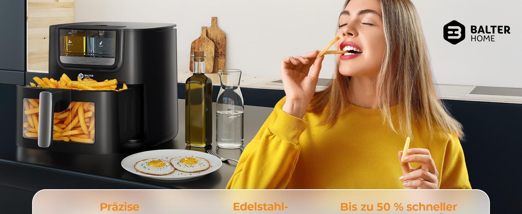 Balter Heißluftfritteuse 7,2L mit Sichtfenster, 1800W, Öl- & Wasser-Spray, Airfryer, 10 Programme, Touchbedienung, 100 Rezepte, Edelstahl, Schwarz