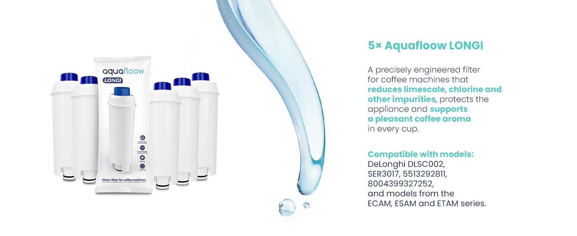 5x Wasserfilter kompatibel mit DeLonghi ECAM Magnifica S 23.210.W Baugleich zu DLSC002 + DeLonghi EcoDecalk 500ml DLSC500
