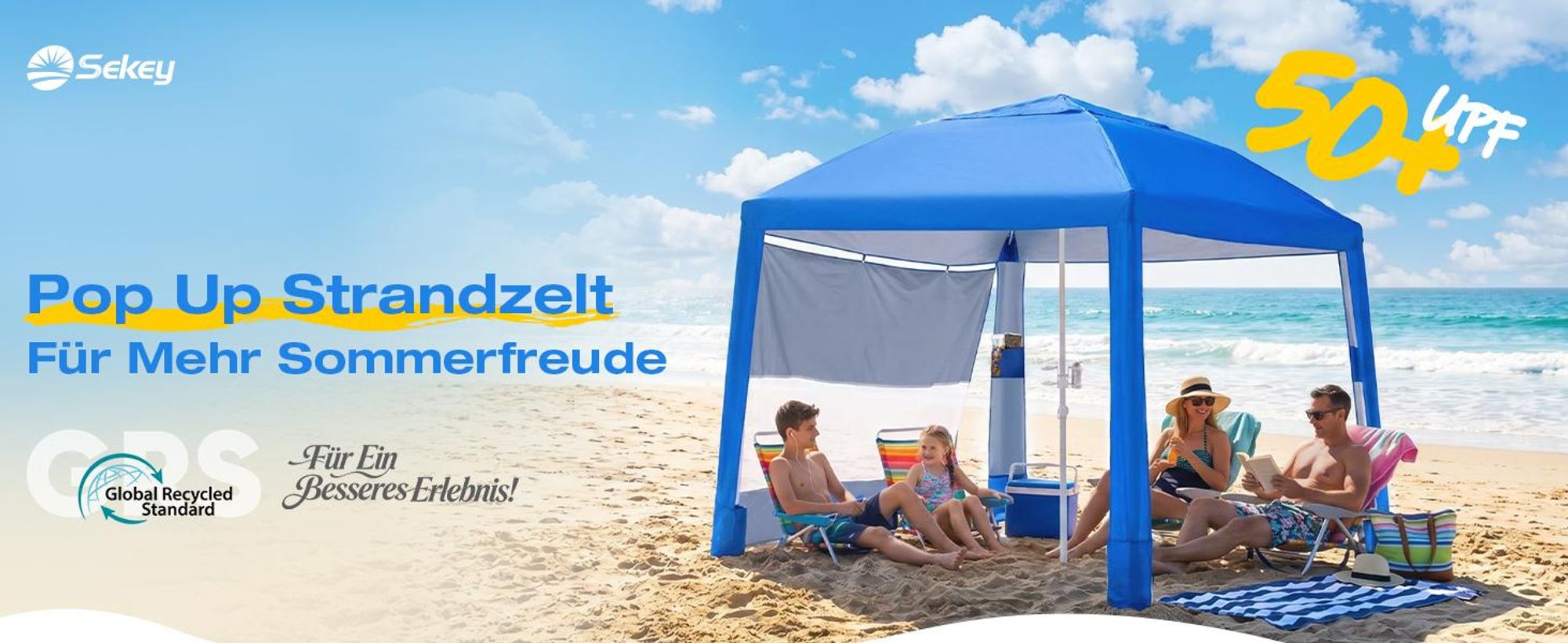 Sekey Strandmuschel Pop Up 240 x 240 cm für 4 Personen mit Seitenvorhang Höhenverstellbar UV Schutz 50+ Windfest Strandzelt