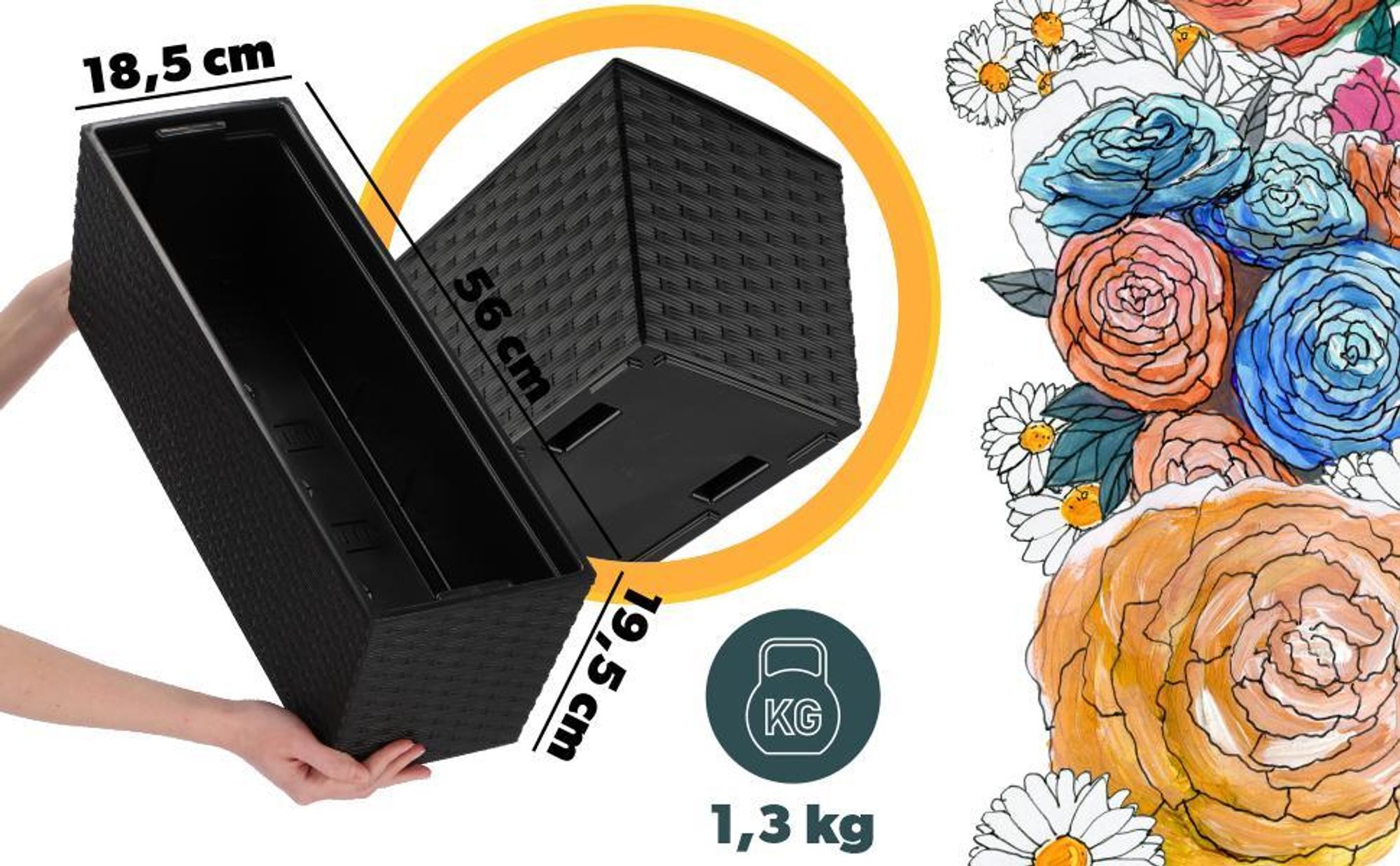 KADAX Blumentopf mit Einsatz "Murano", 56 cm, Blumenkübel Outdoor, Rattanmuster, Schwarz
